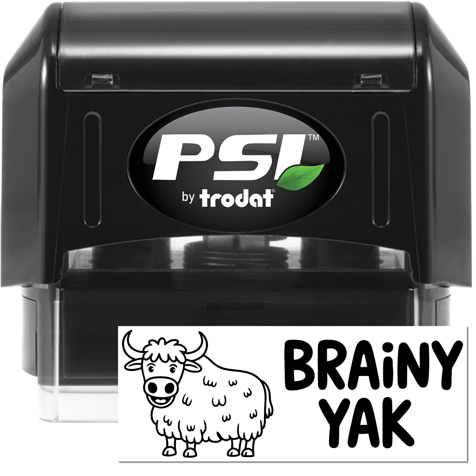 Black PSI by Trodat self-inking stamp with custom seal card showing a cow and bold BRAINY YAK text.