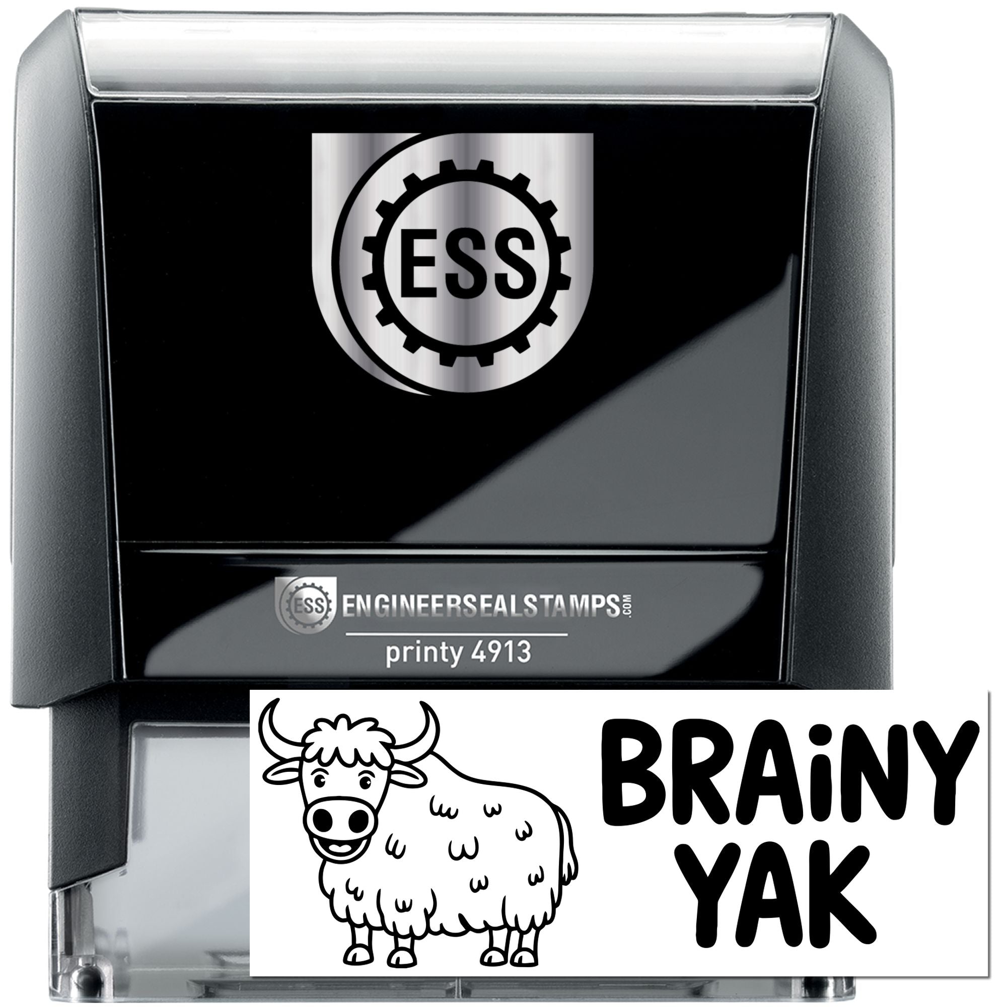 Black self-inking stamp and seal with silver ESS logo, plus a white card showing a cow and bold BRAINY YAK text.