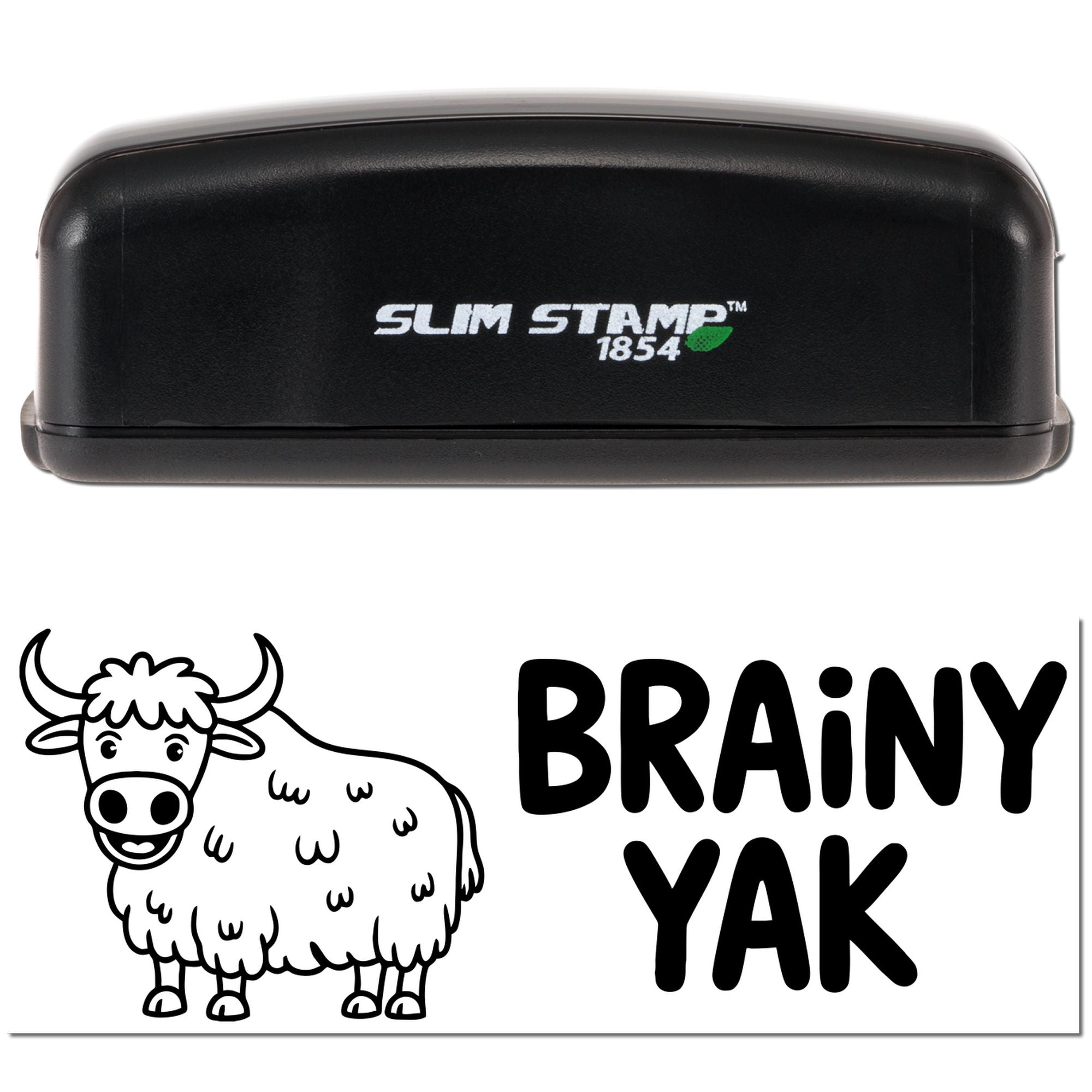 Black Slim Stamp 1854 self-inking stamp and seal with cow logo and bold BRAiNY YAK text on white