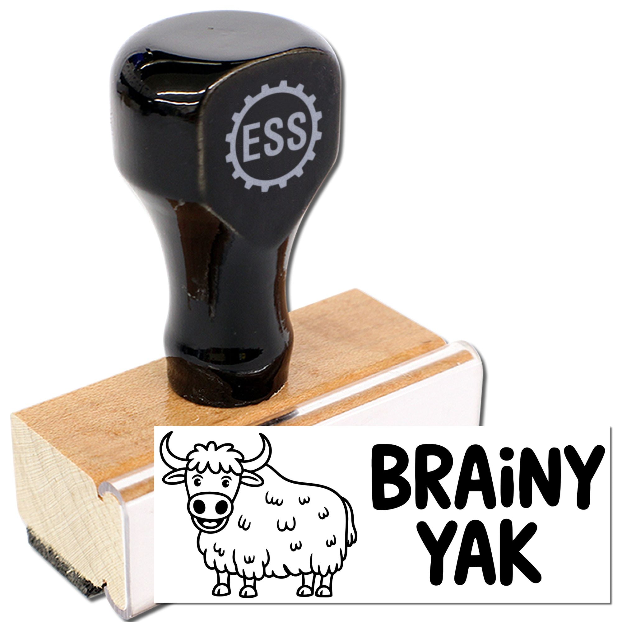 Black rubber stamp and wooden seal block with white cow logo and BRAINY YAK text on a white background.