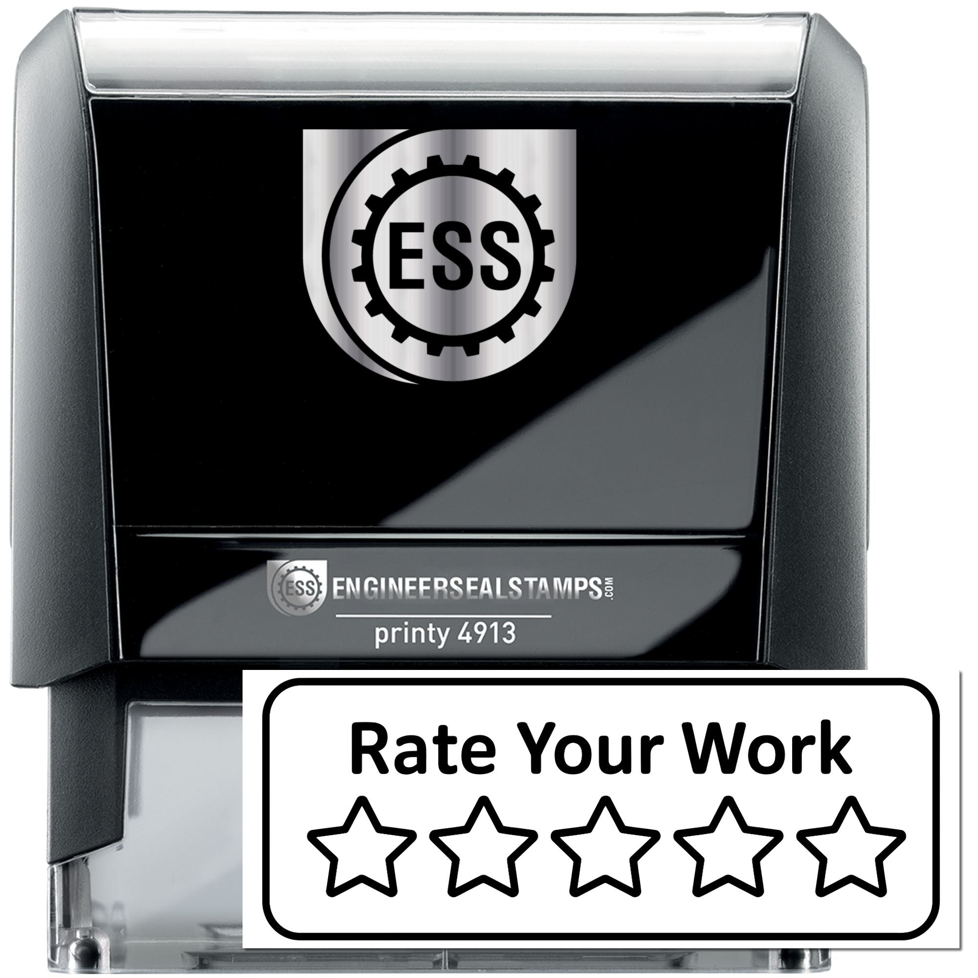 Black self-inking stamp with silver top, ESS logo, and white Rate Your Work seal with five stars.