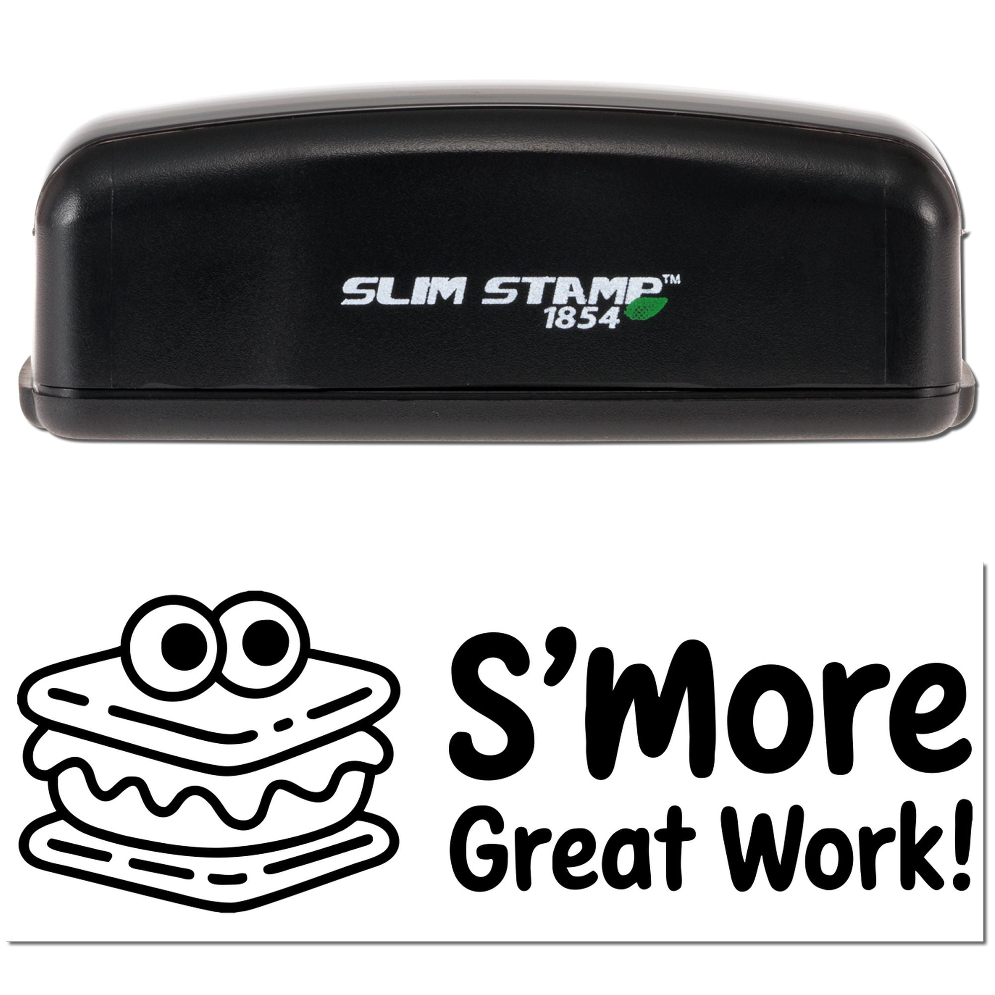 Black Slim Stamp 1854 stamp and seal set with white Smore Great Work! text and a smores cartoon.