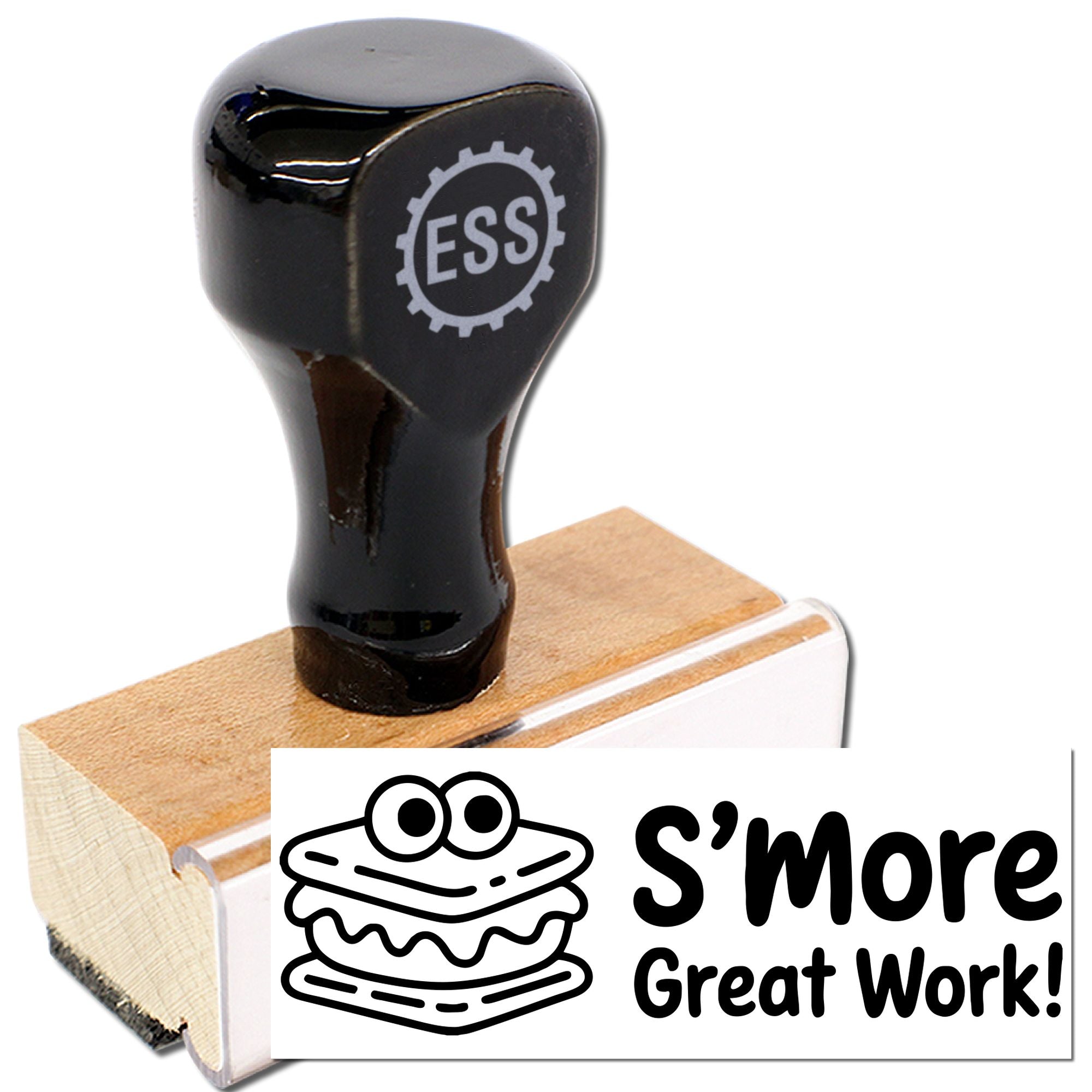 Black self-inking stamp and seal with ESS logo on wooden block, plus Smore Great Work! cartoon graphic.