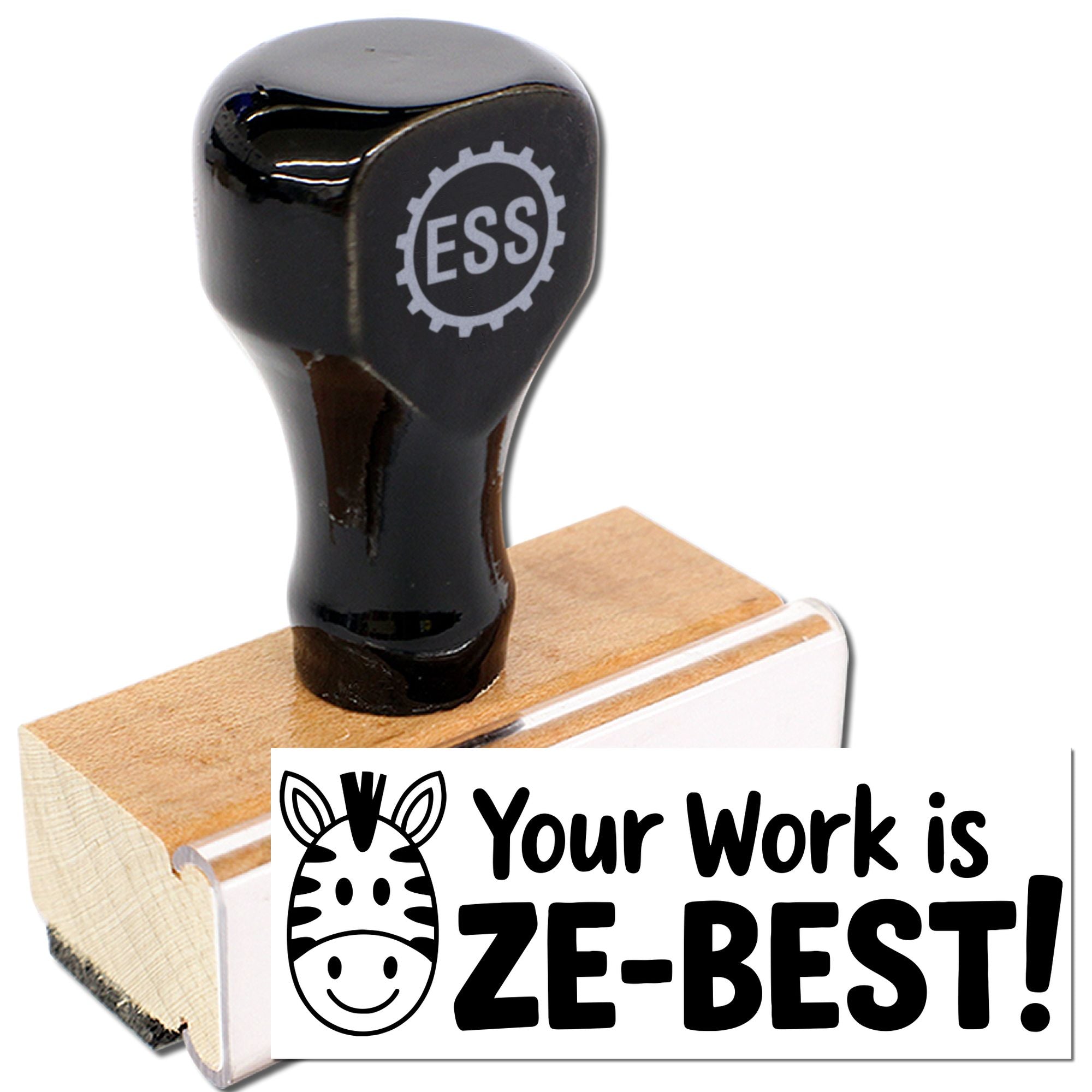 Black rubber stamp on wooden block with zebra logo and Your Work is ZE-BEST! text, stamp and seal product.