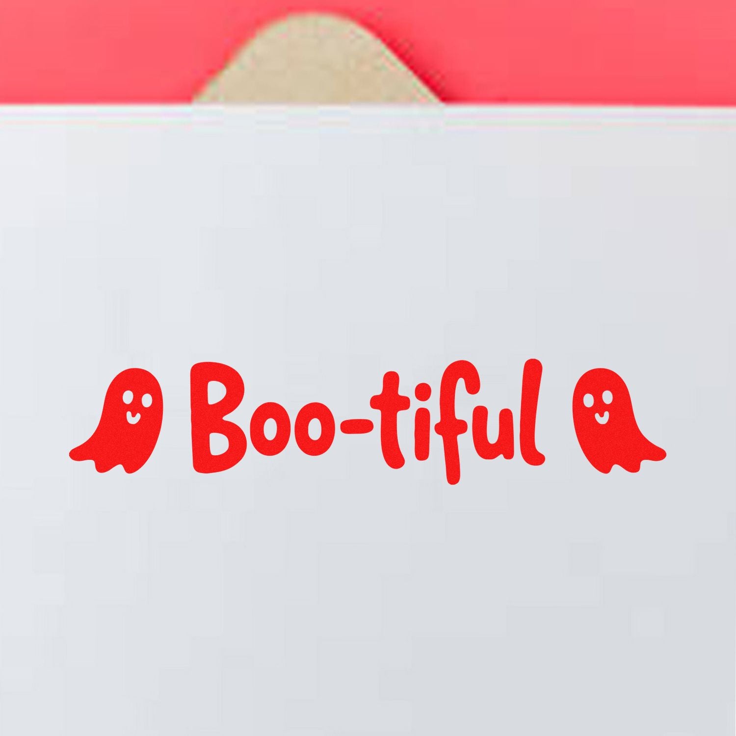 White stamp and seal package with red Boo-tiful text, smiling ghost icons, and a pink top flap.