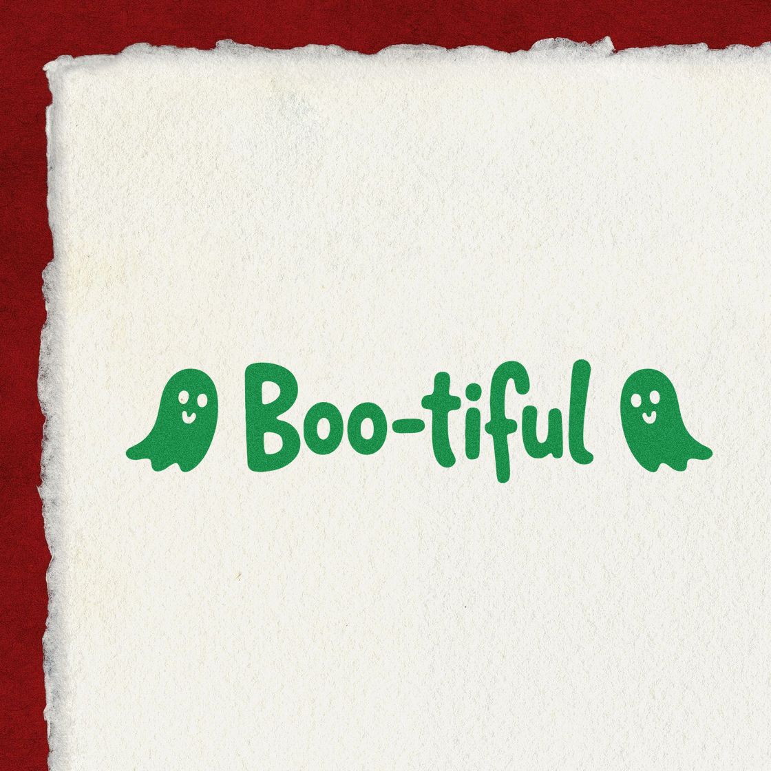 Green Boo-tiful stamp and seal design with cute ghost icons on textured white paper against a deep red background.