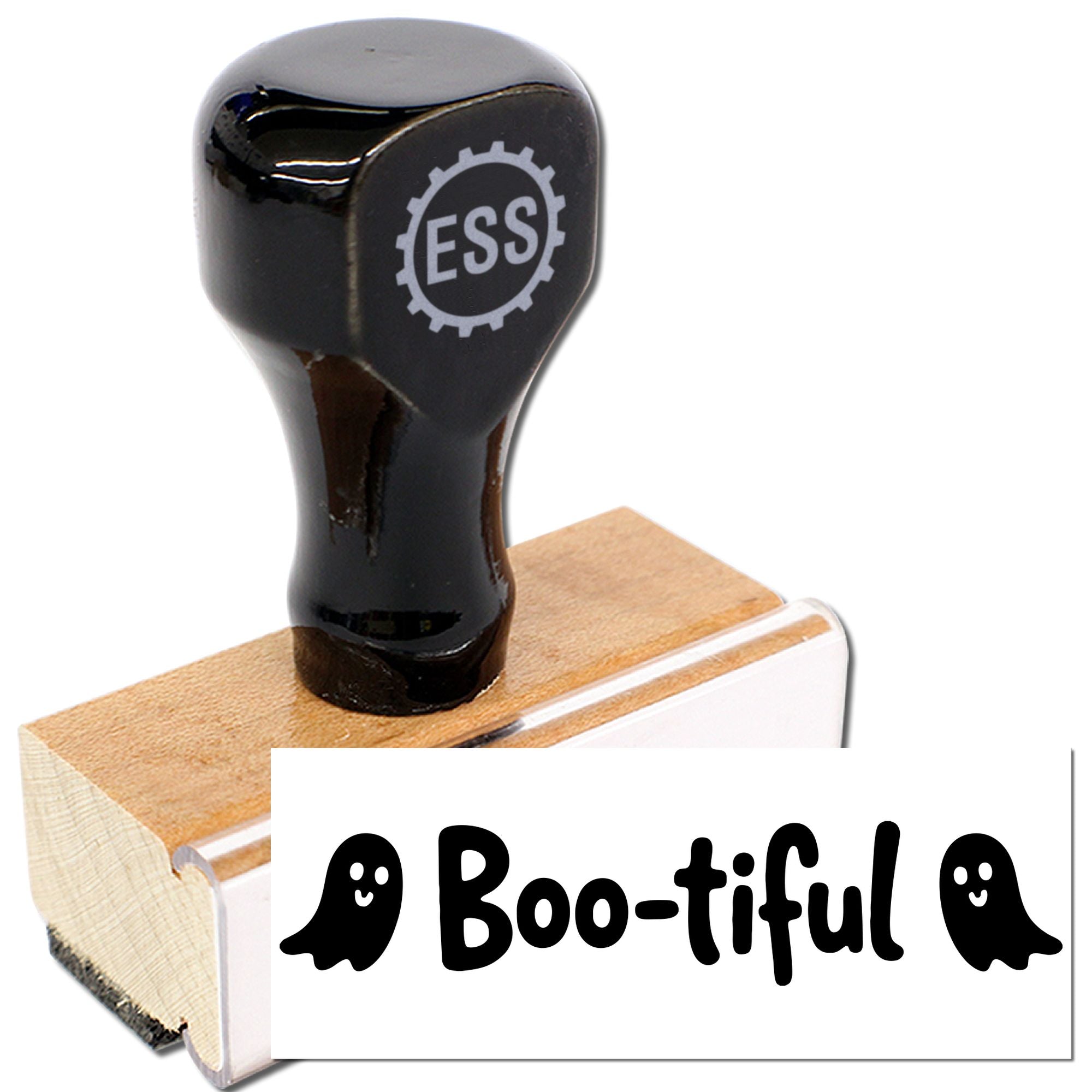 Black ESS rubber stamp with wooden base and Boo-tiful Halloween seal design