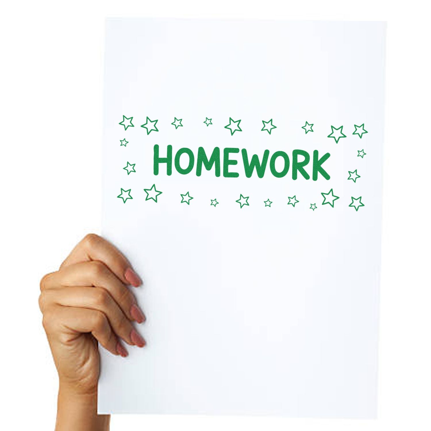 Green homework stamp and star seal on white paper, held by hand