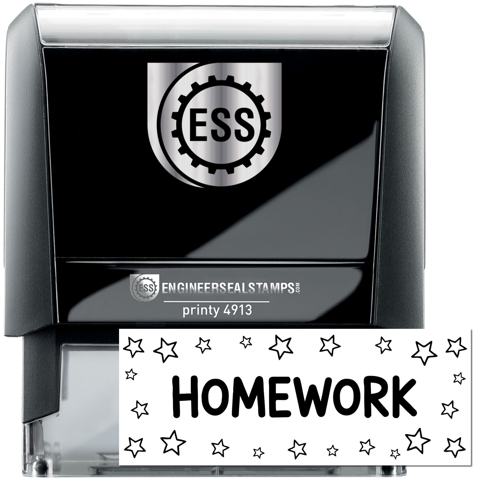 Black self-inking engineer seal stamp with silver ESS logo and white HOMEWORK seal bordered by stars.