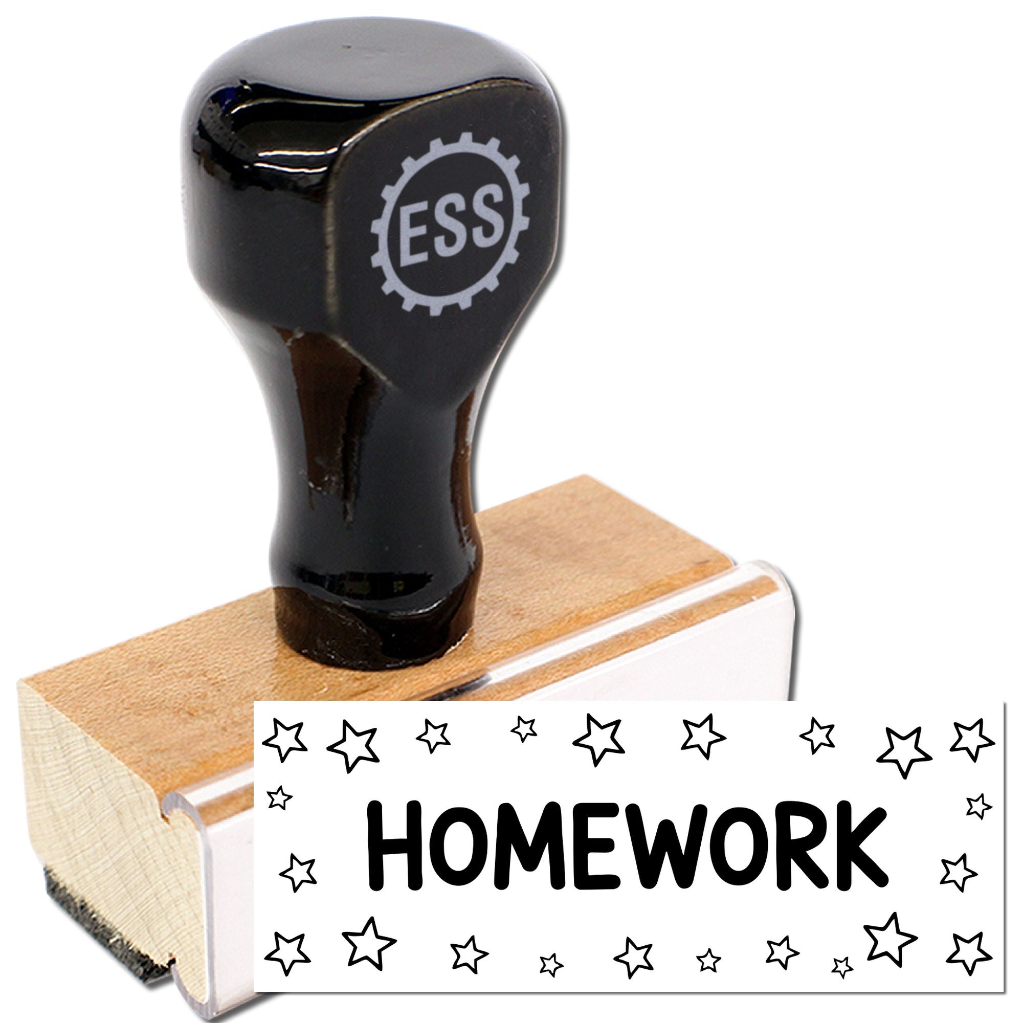 Black rubber stamp with ESS logo on a wooden base, plus a white HOMEWORK seal card with star border.