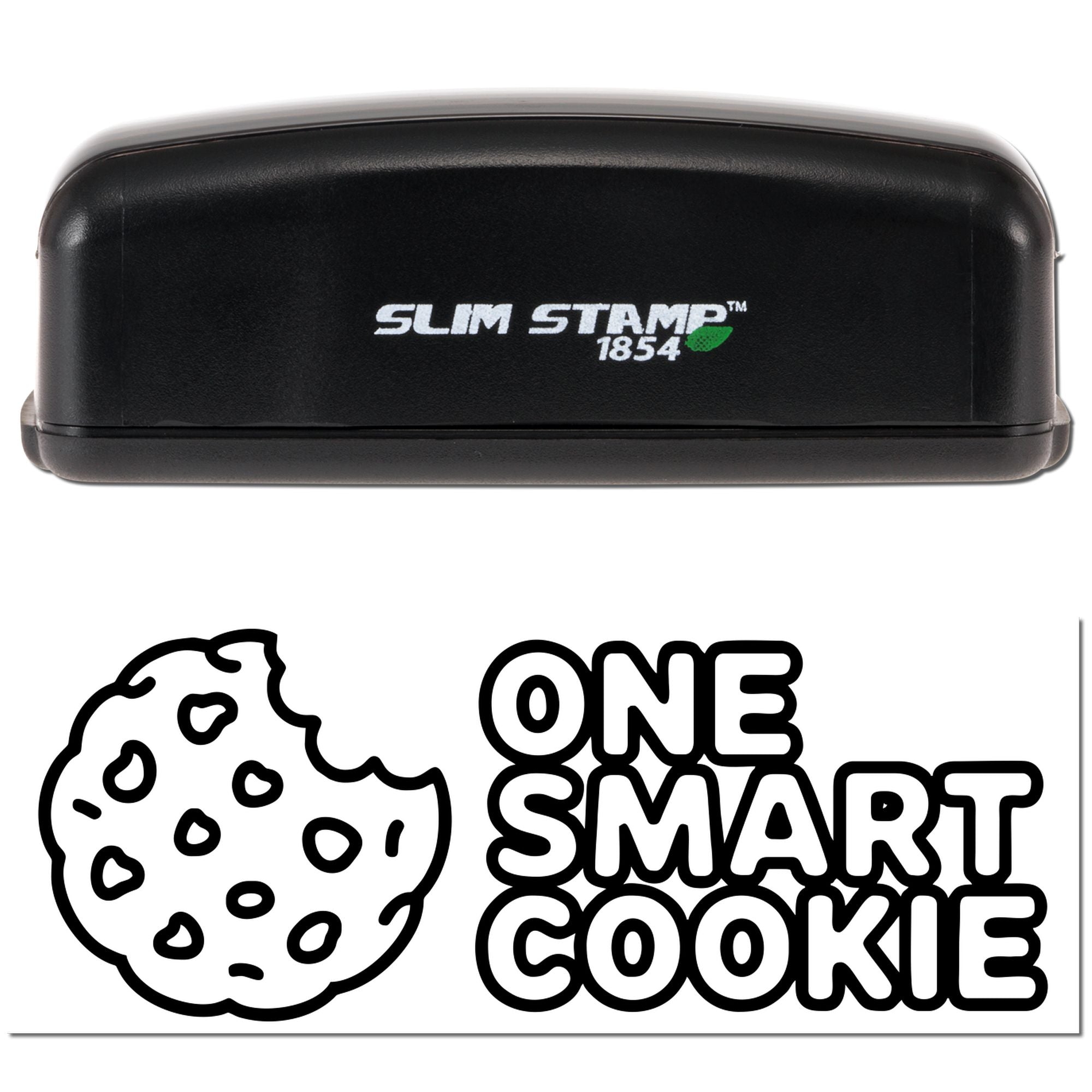 Black Slim Stamp 1854 self-inking stamp and seal with green accent and One Smart Cookie cookie design on white background.