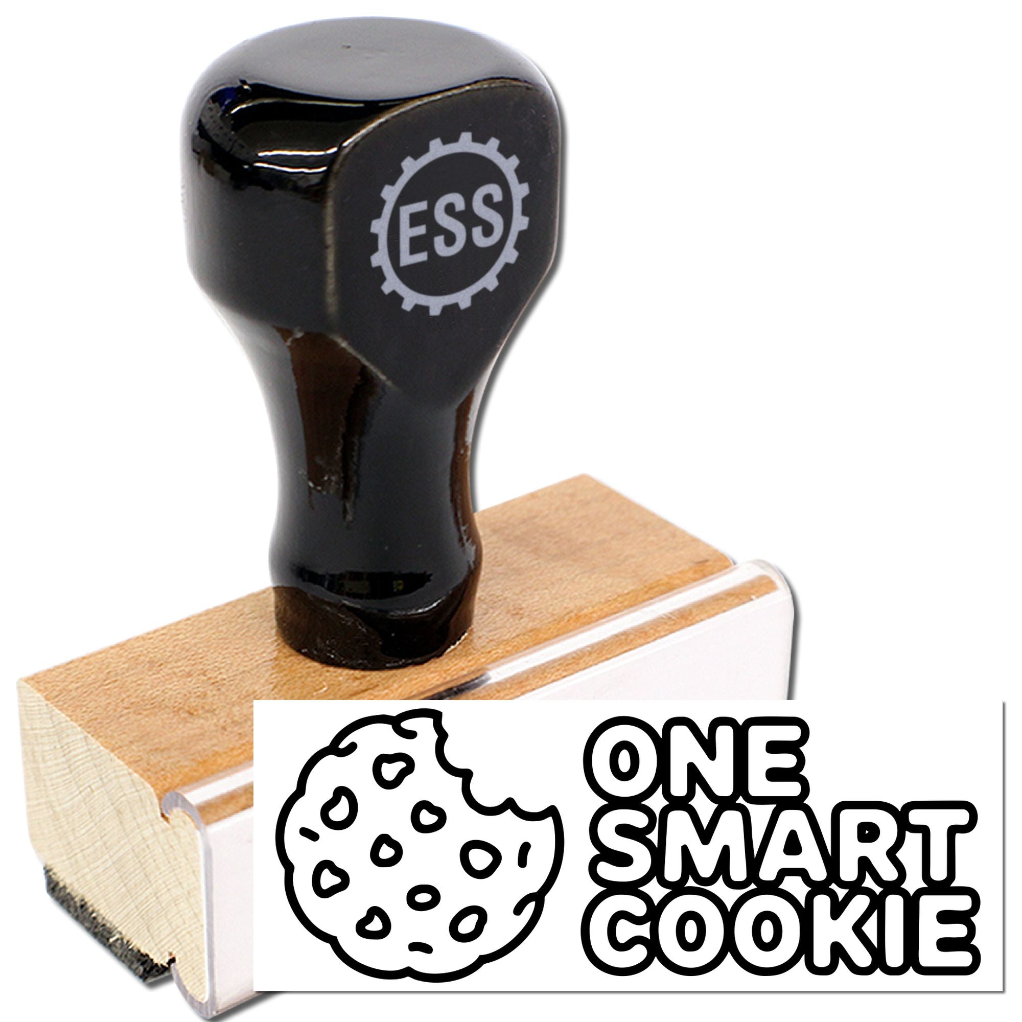 Black self-inking stamp with ESS logo on wood base beside ONE SMART COOKIE cookie seal design on white background.