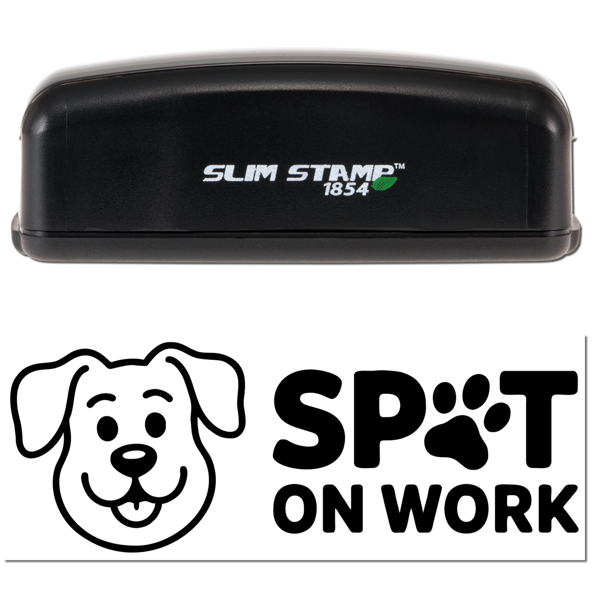 Black Slim Stamp 1854 self-inking stamp and seal with white logo, green leaf, and SPOT ON WORK dog imprint.