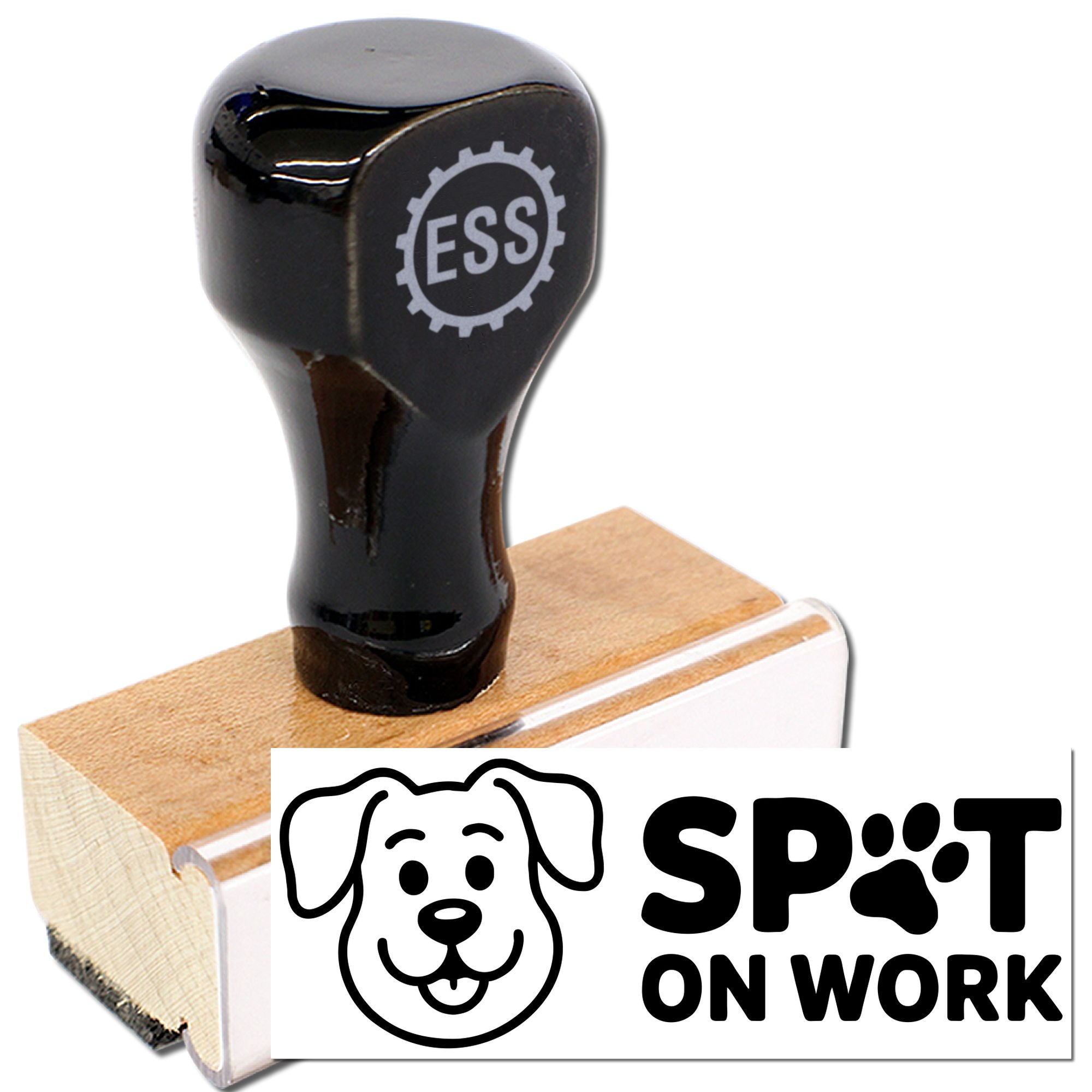 Black self-inking stamp seal with ESS logo, wooden base, and Spot on Work dog branding on white.