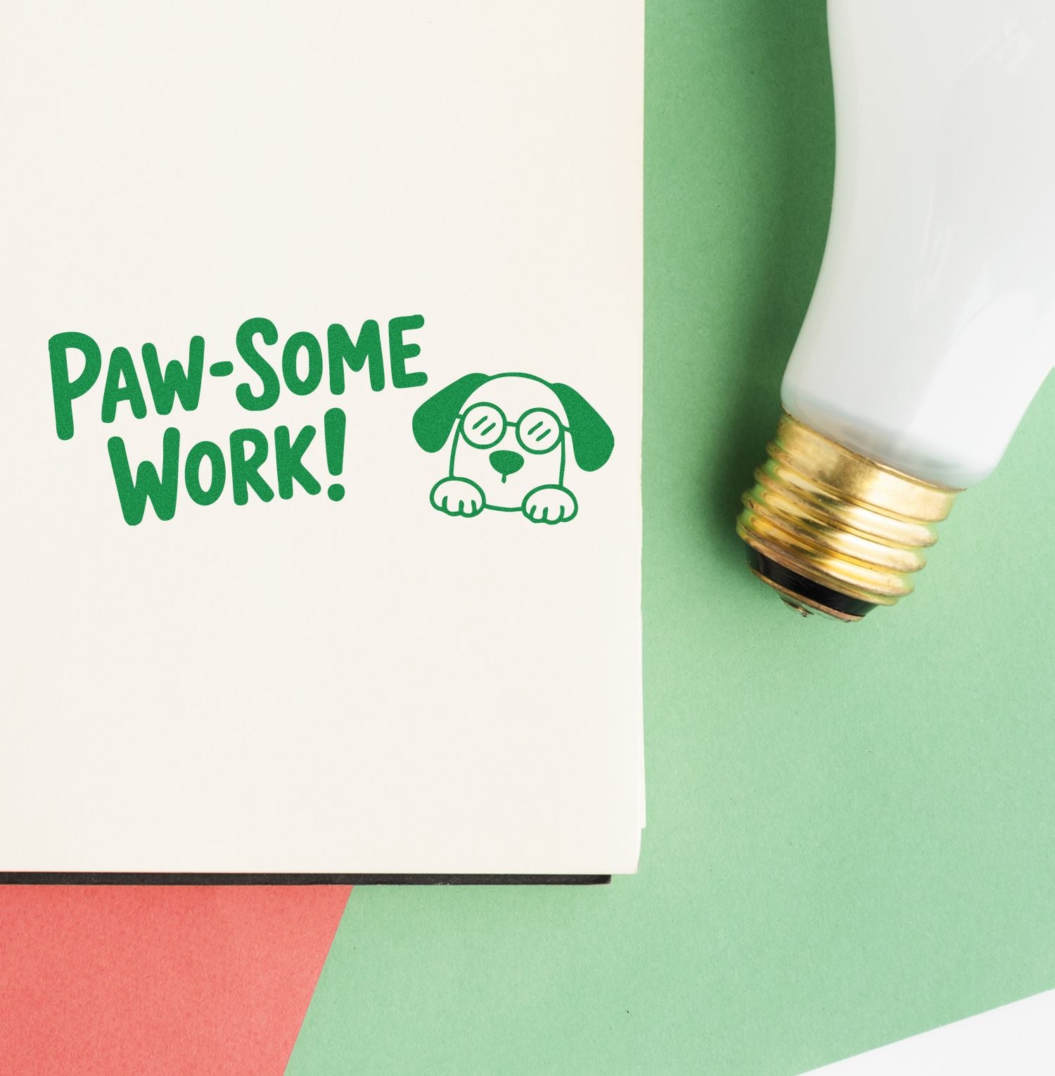 Green Paw-some Work! stamp with dog icon beside a white-and-gold seal tube on cream and mint background.