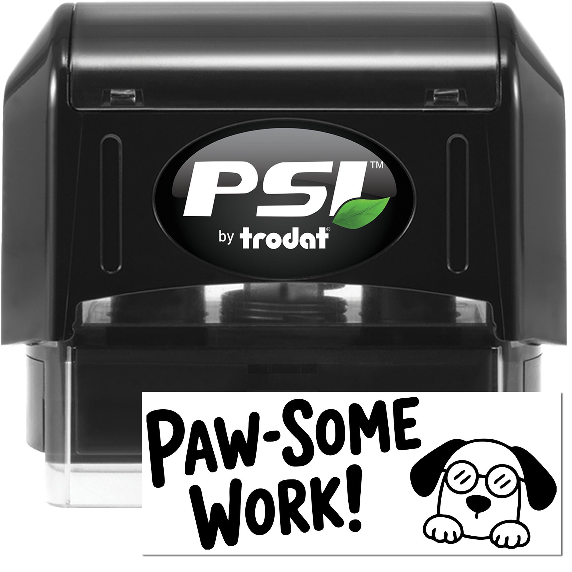Black PSI by trodat self-inking stamp and seal with green leaf logo and Paw-some Work dog graphic on white background