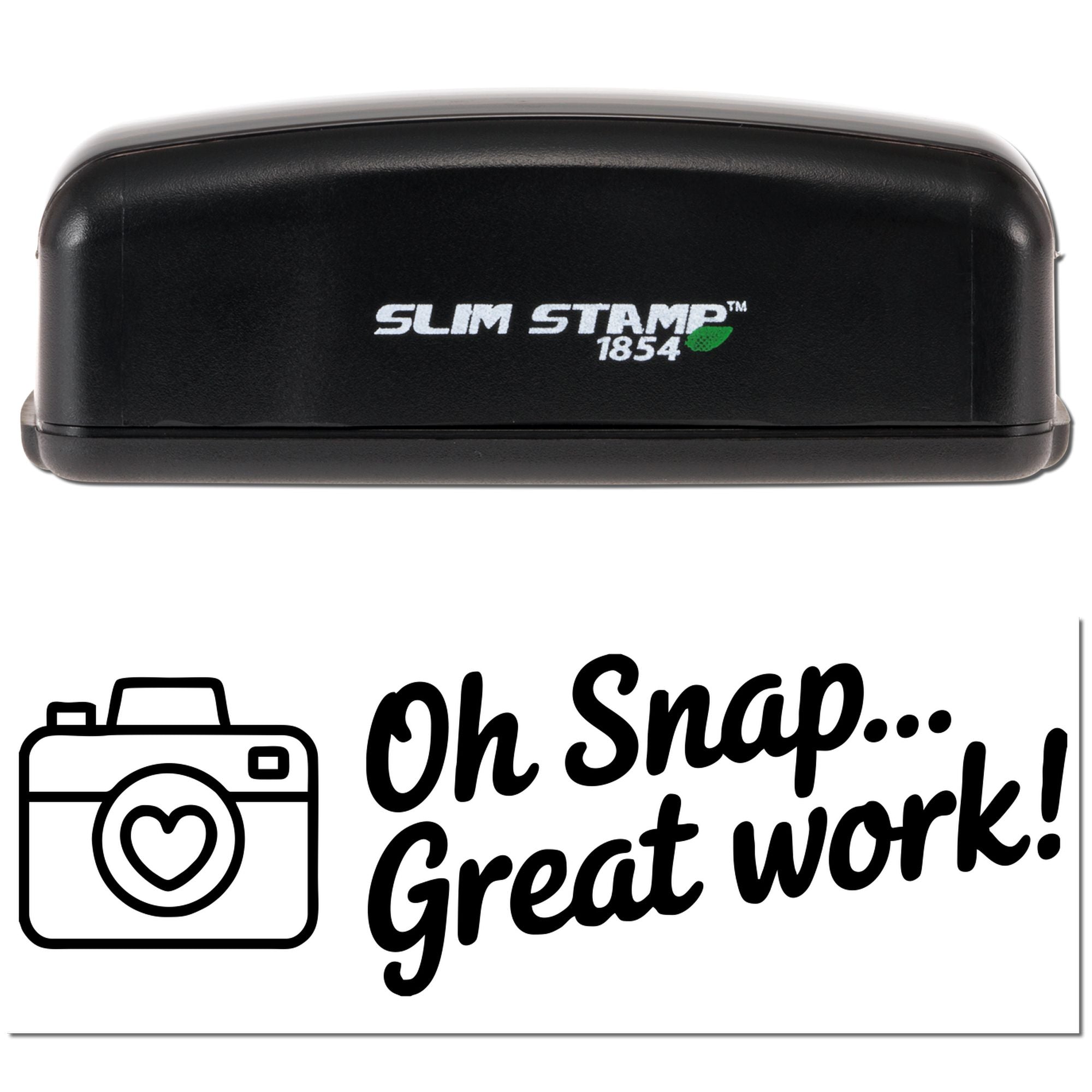 Black Slim Stamp 1854 self-inking stamp and seal with white logo, green leaf accent, and Oh Snap... Great work! graphic.
