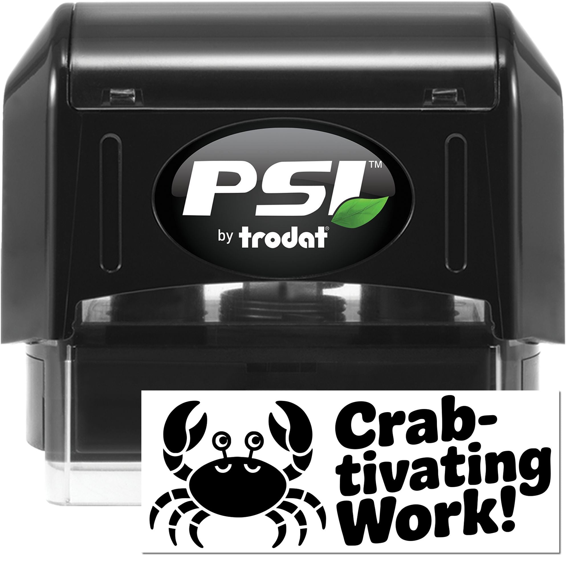 Black PSI by Trodat self-inking stamp and crab-shaped seal with bold white branding on a transparent base.