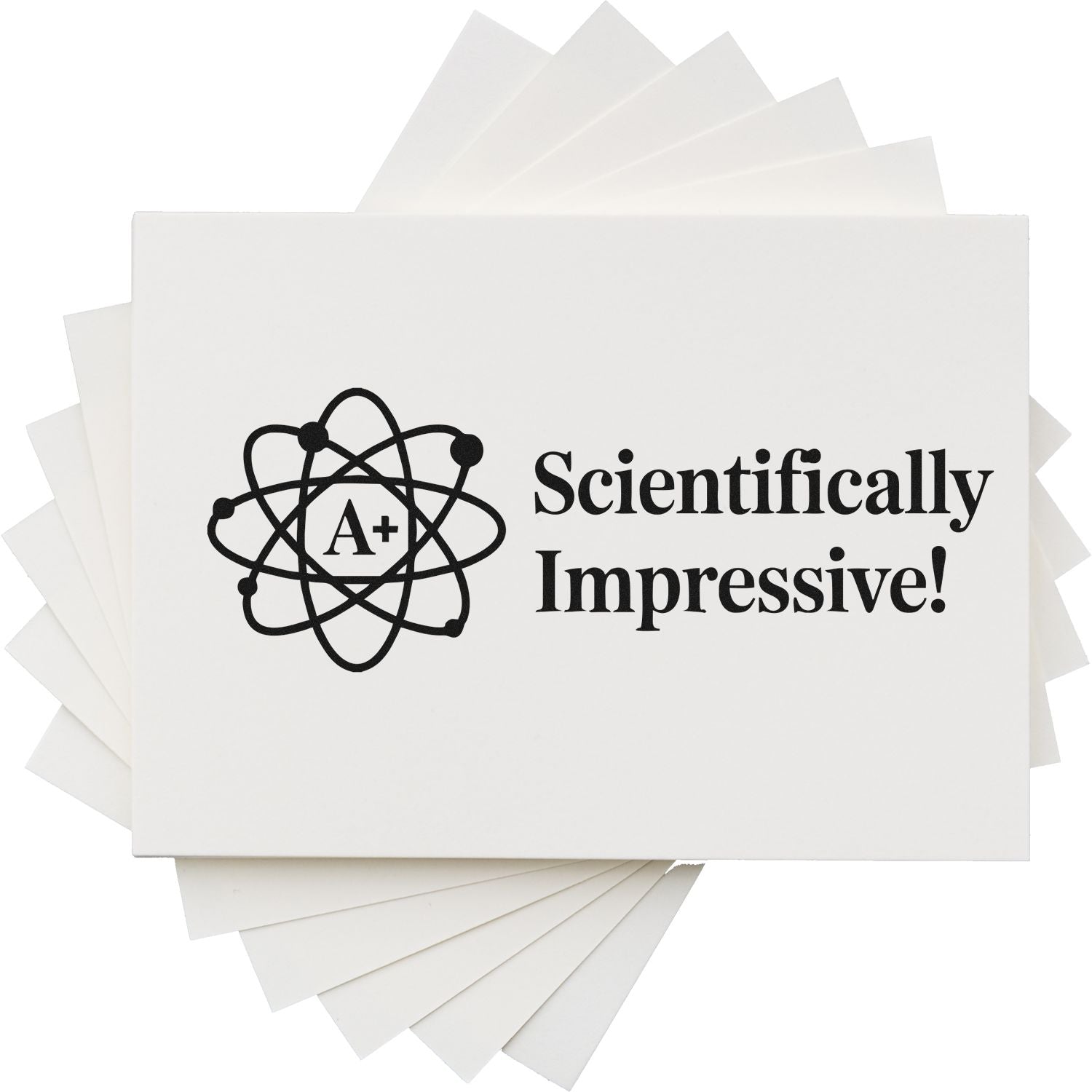 White stamp and seal products with black atom A+ logo and Scientifically Impressive! text, fanned on white.