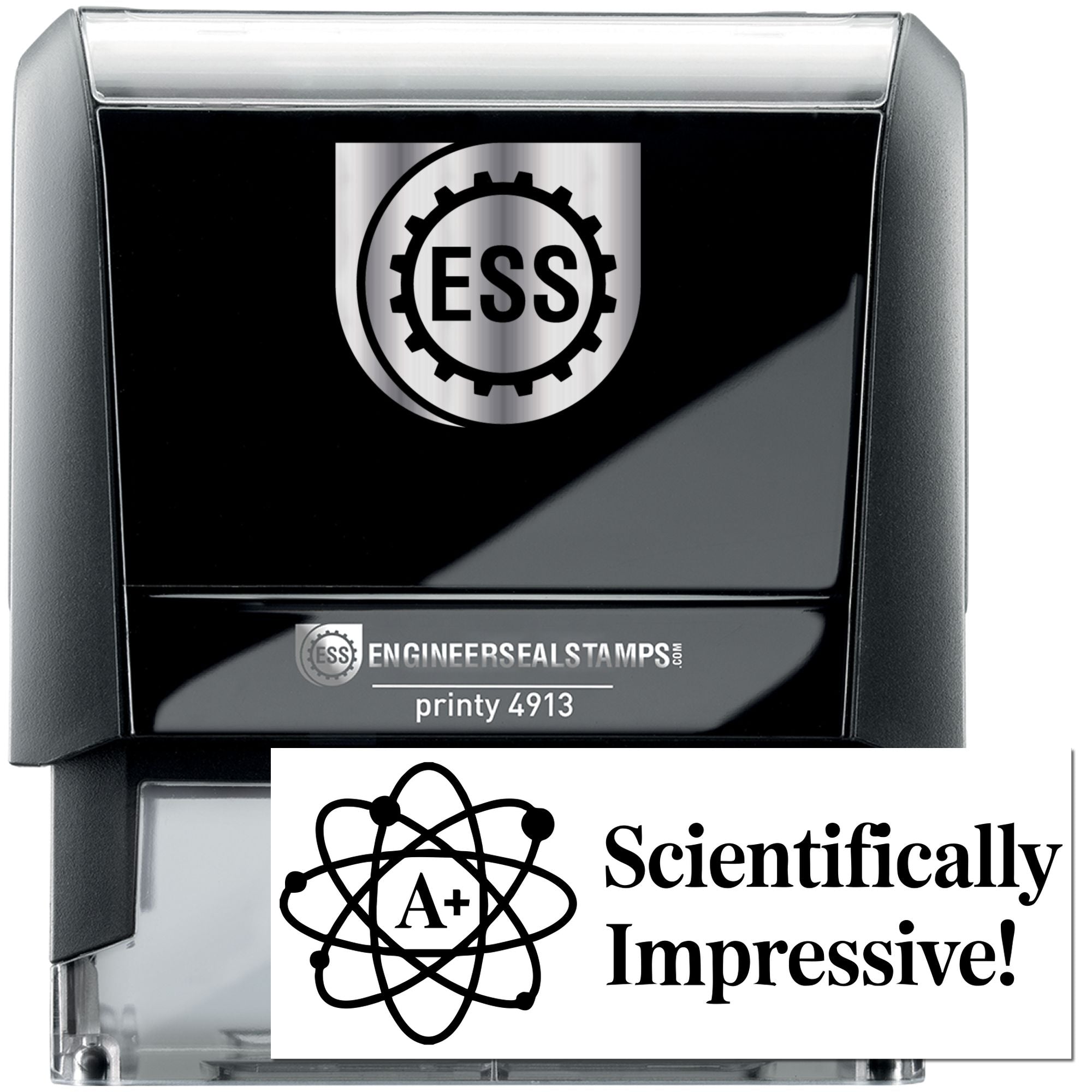 Black self-inking engineer seal stamp with silver ESS logo and A+X science seal, plus Scientifically Impressive! text.