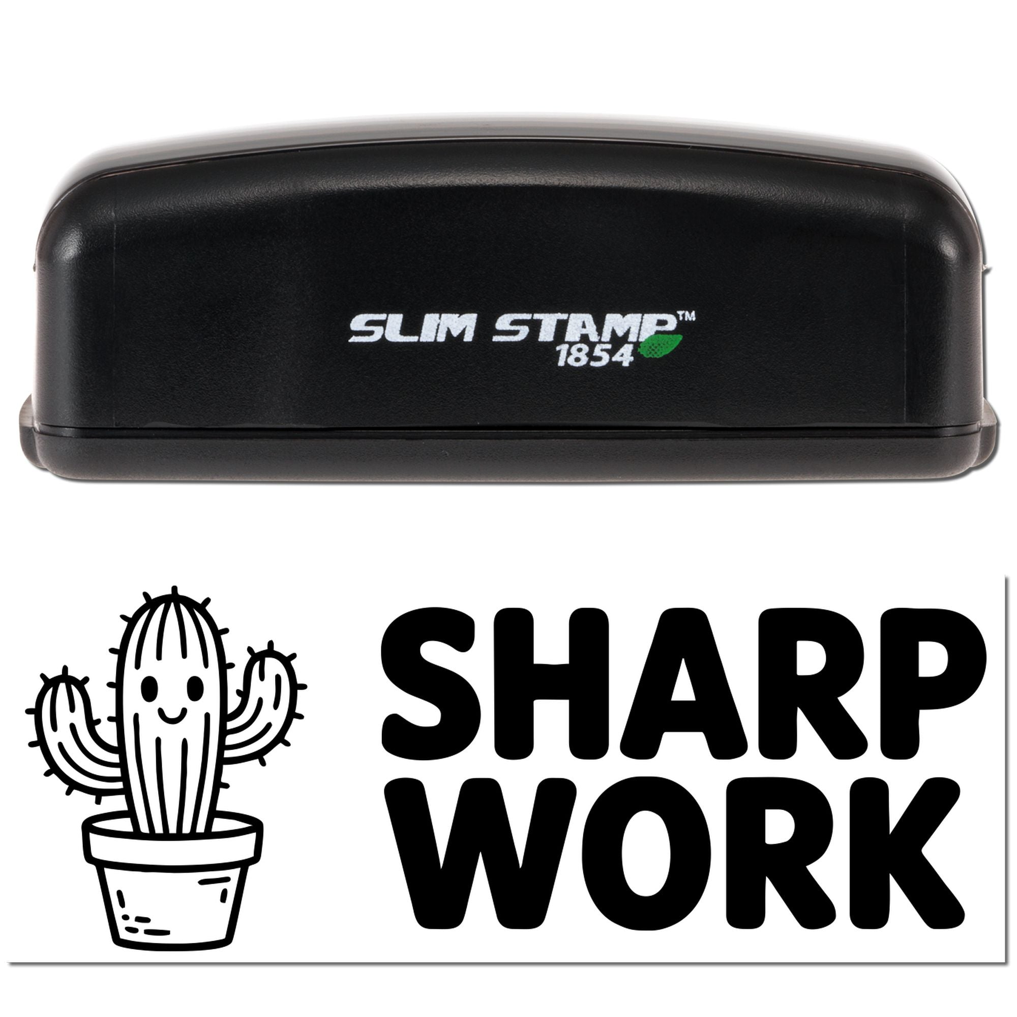 Black Slim Stamp 1854 seal and white cactus SHARP WORK stamp impression on a clean white background