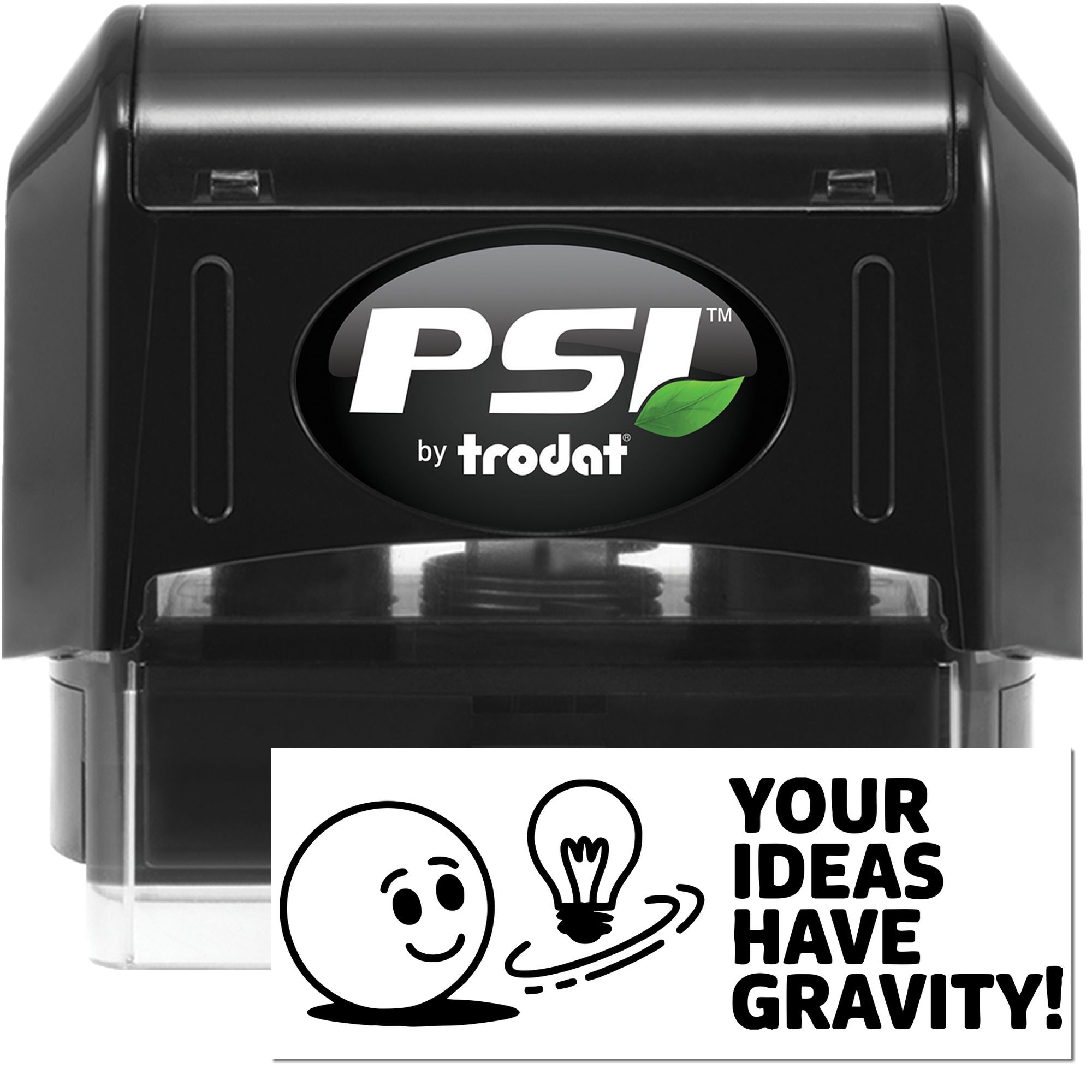 Black PSI by Trodat self-inking stamp and seal with white graphic insert showing smiley, lightbulb, and bold text