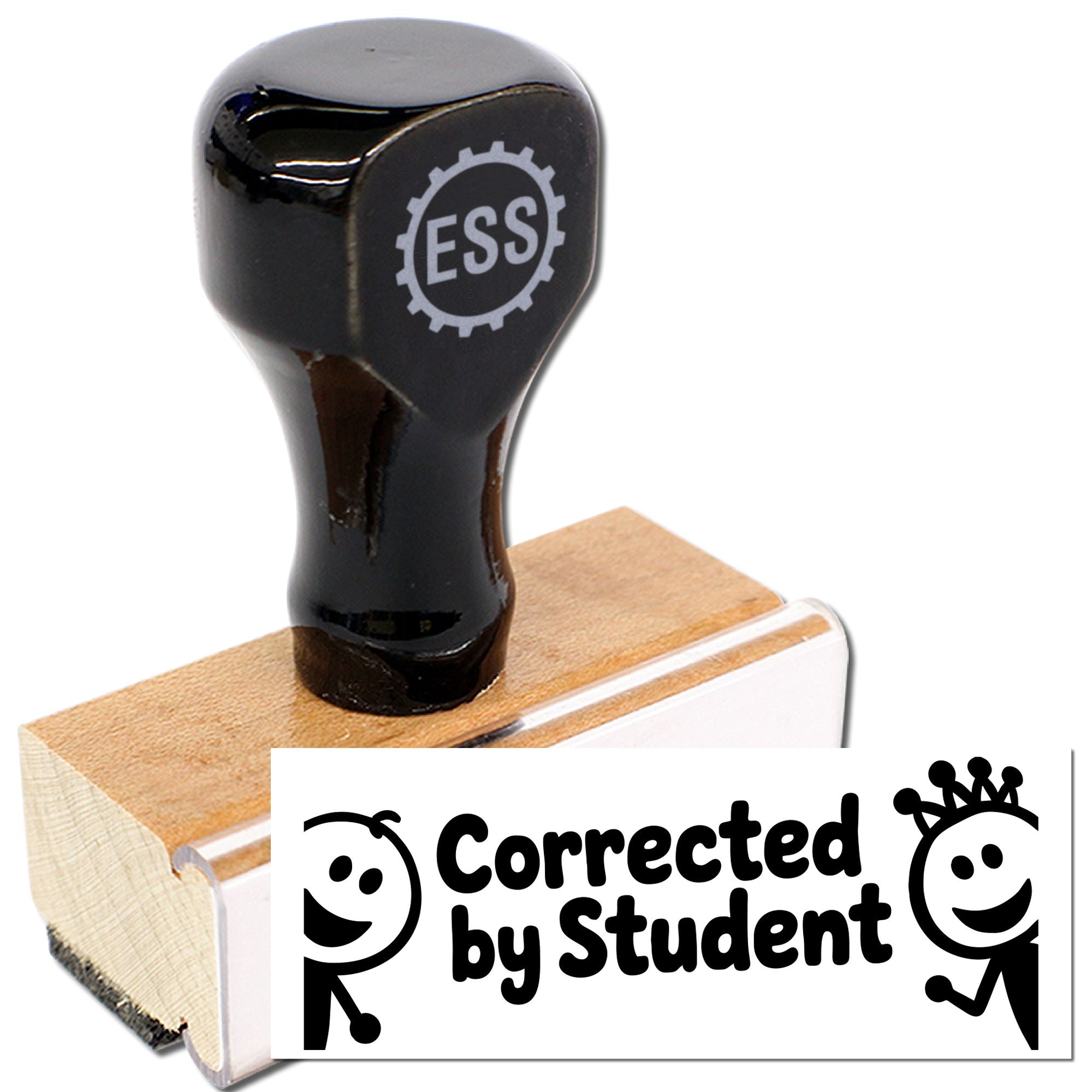 Black ESS stamp/seal on wooden base with white label reading Corrected by Student and smiley icons.