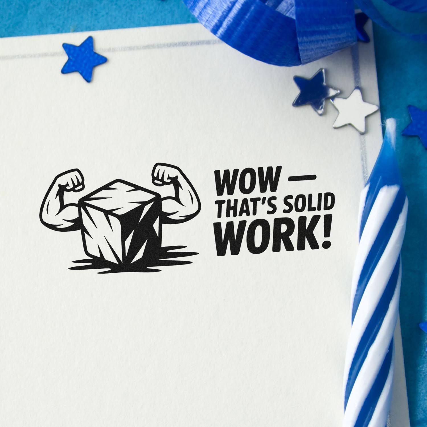 Black stamp and seal design with flexing cube and WOWthats solid work! on white, accented by blue stars and ribbon.
