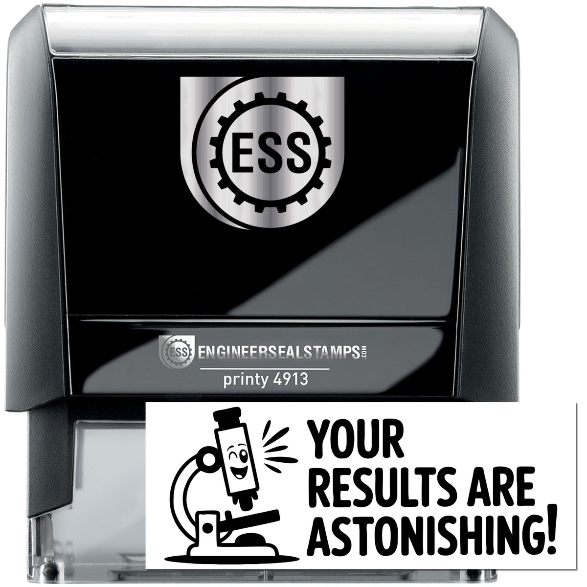 Trodat stock self-inking stamp featuring "Experimenting With Excellence" cute teacher design in black ink.