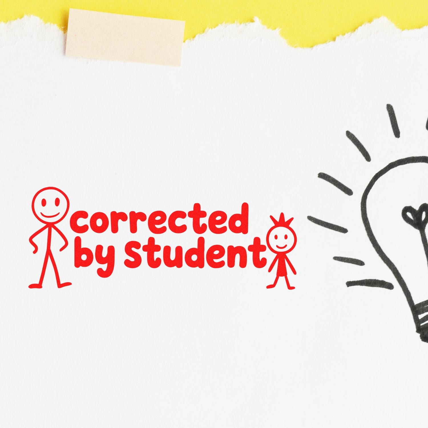 Red stamp reading corrected by student with stick figures on white paper, beside black lightbulb doodle and yellow tape.