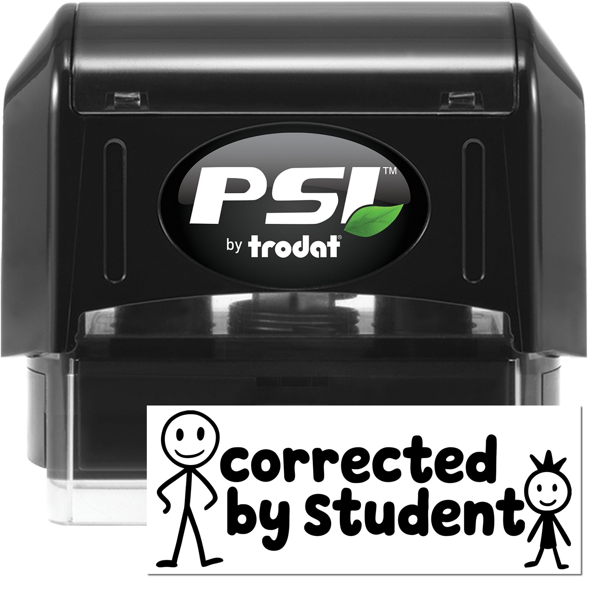 Black PSI by Trodat self-inking stamp and seal with clear case and corrected by student label.
