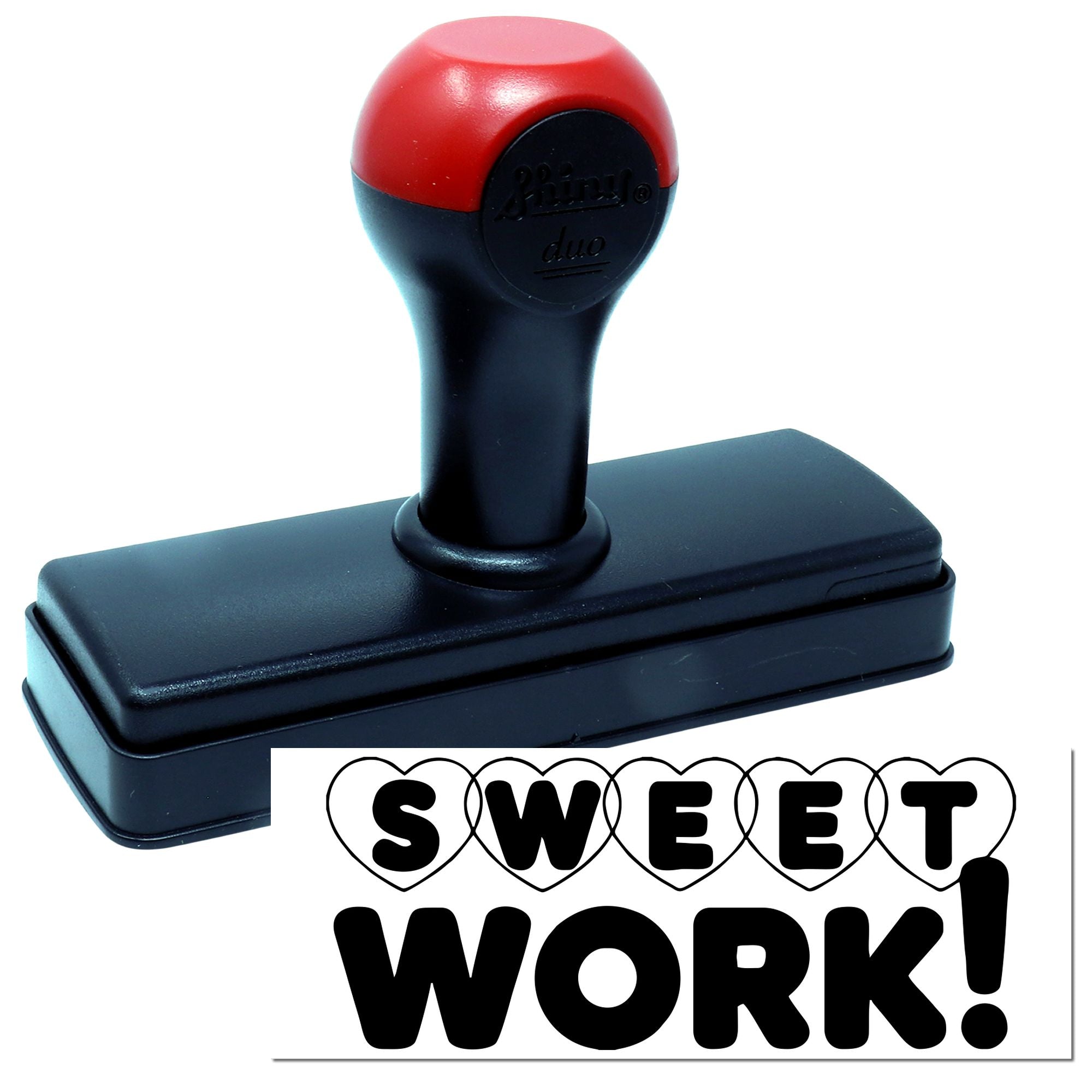 Red and black self-inking stamp and seal with heart-shaped SWEET WORK! design.