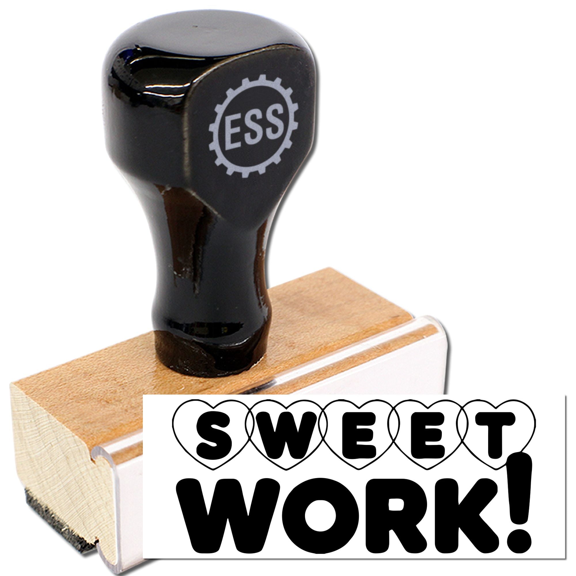 Black ESS stamp and wooden seal block with "Sweet Work!" heart lettering on white background.