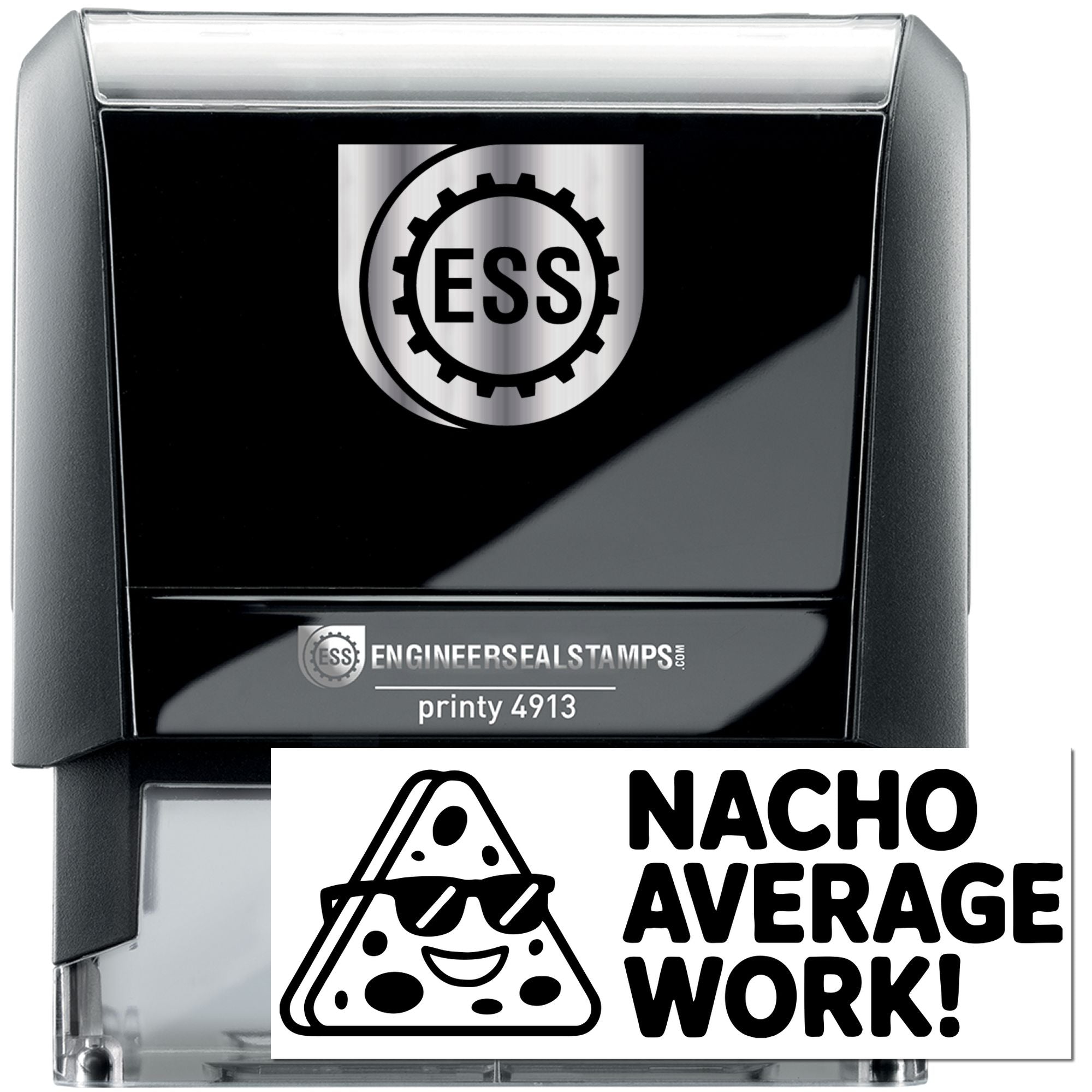 Black self-inking stamp and seal with silver trim, ESS logo, and Nacho Average Work! nacho graphic.