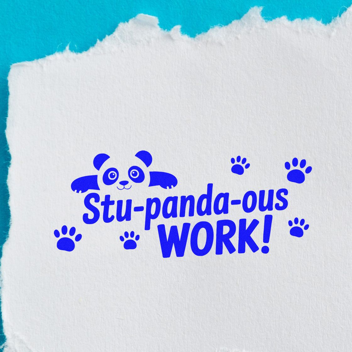 Blue panda stamp seal reading Stu-panda-ous WORK! with paw prints on white paper.