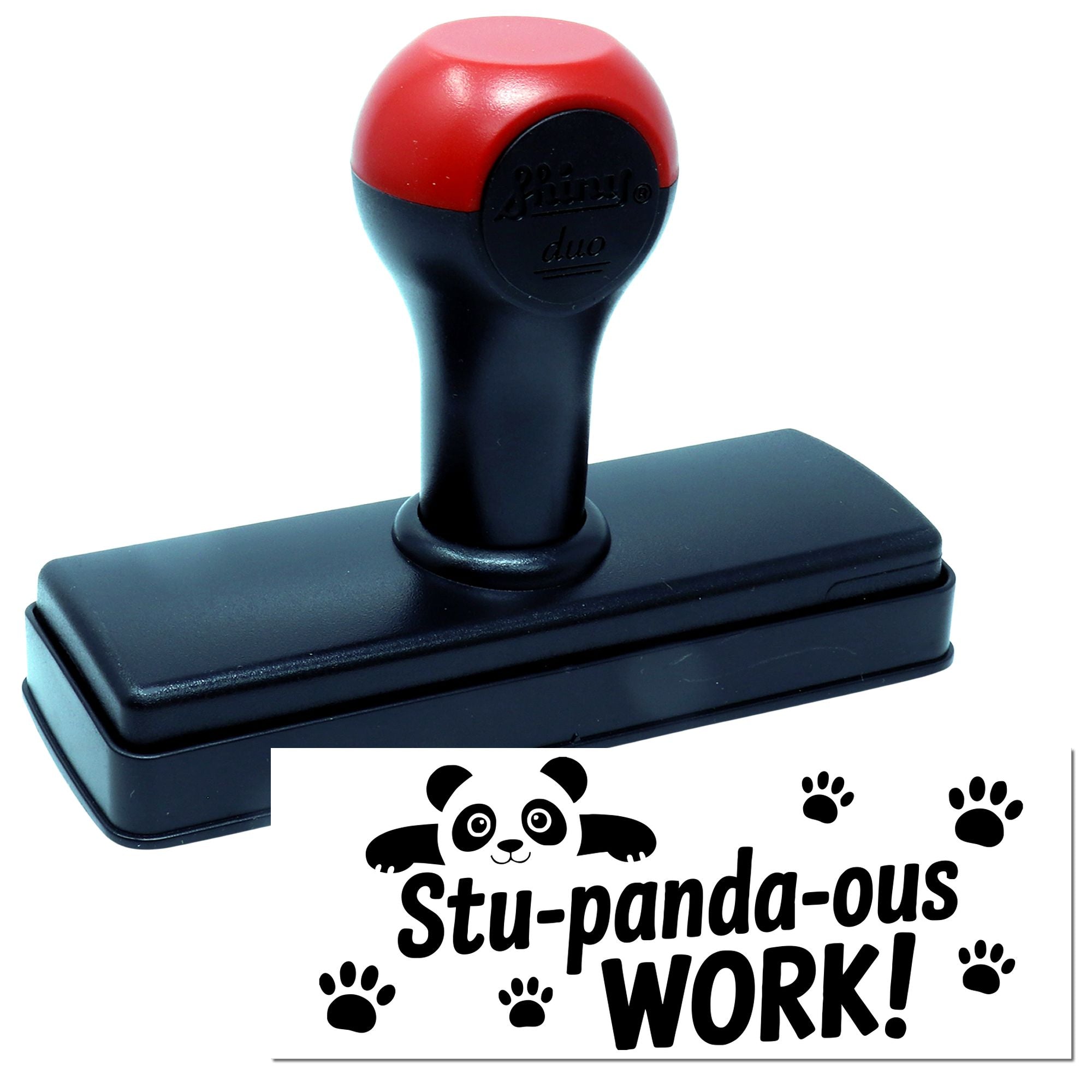 Red and black self-inking stamp with panda-themed seal reading Stu-panda-ous WORK! and paw prints.