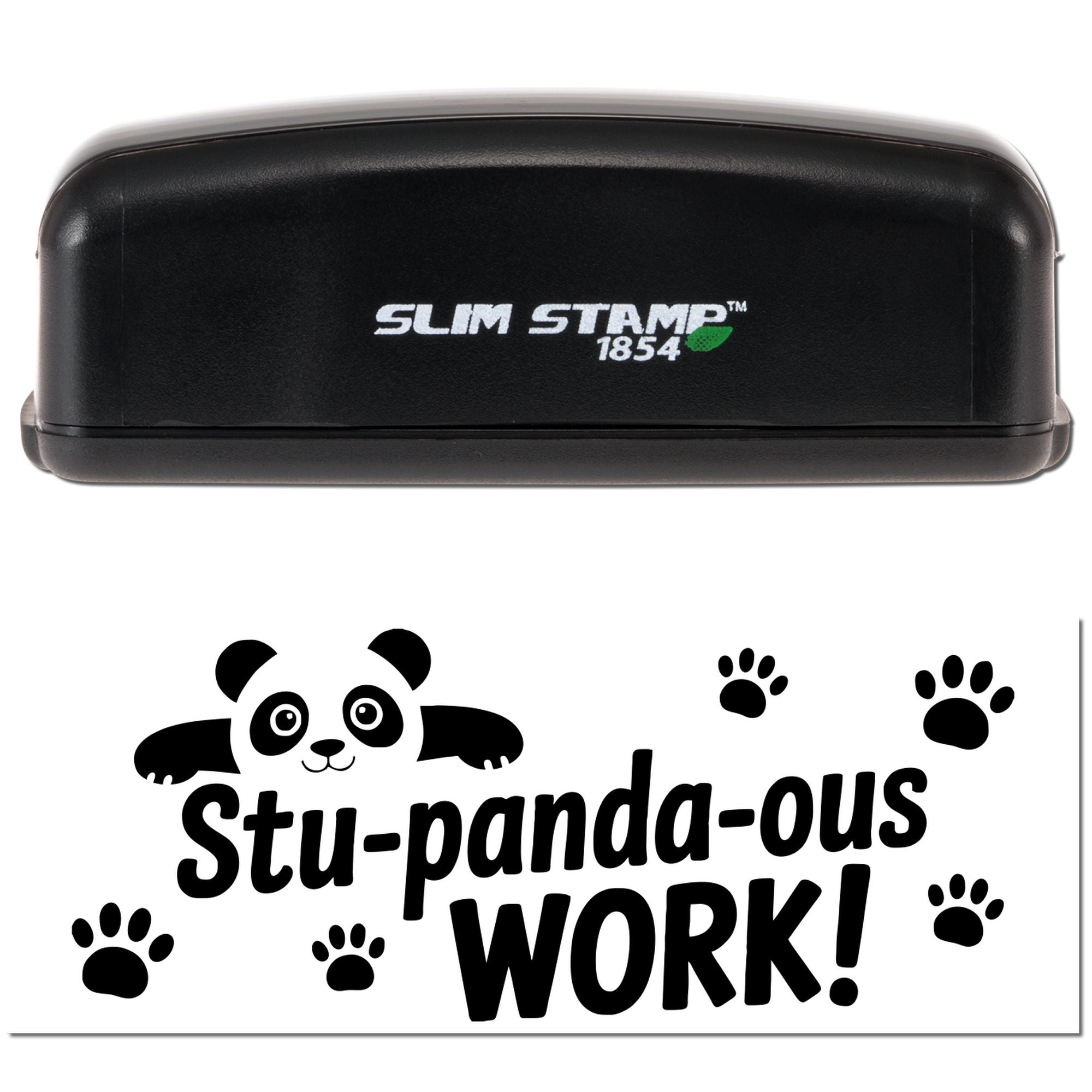 Black Slim Stamp 1854 custom stamp and seal with panda graphic, paw prints, and Stu-panda-ous WORK! text.