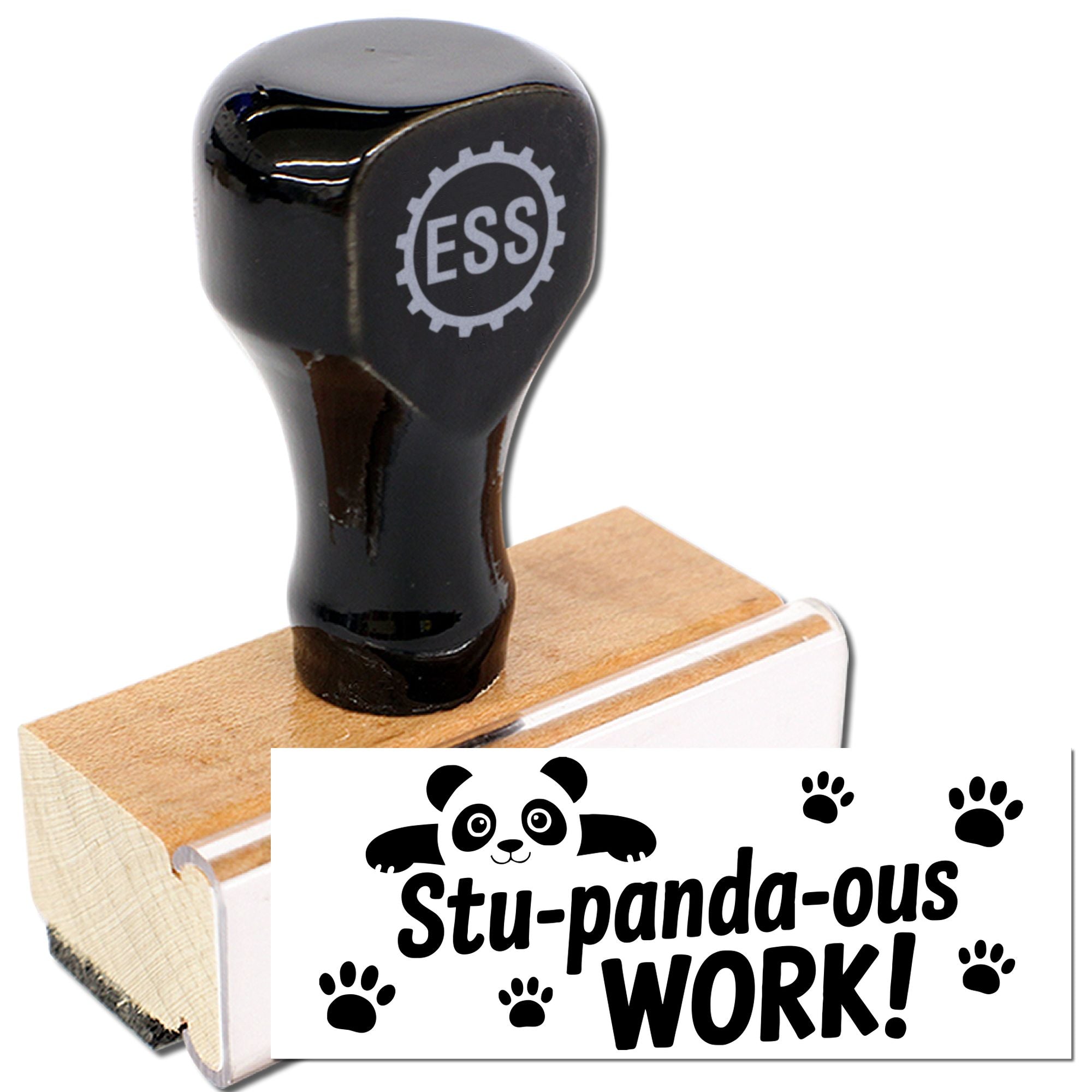Black rubber stamp and seal with wooden handle, printing Stu-panda-ous WORK! in black with panda and paw prints.