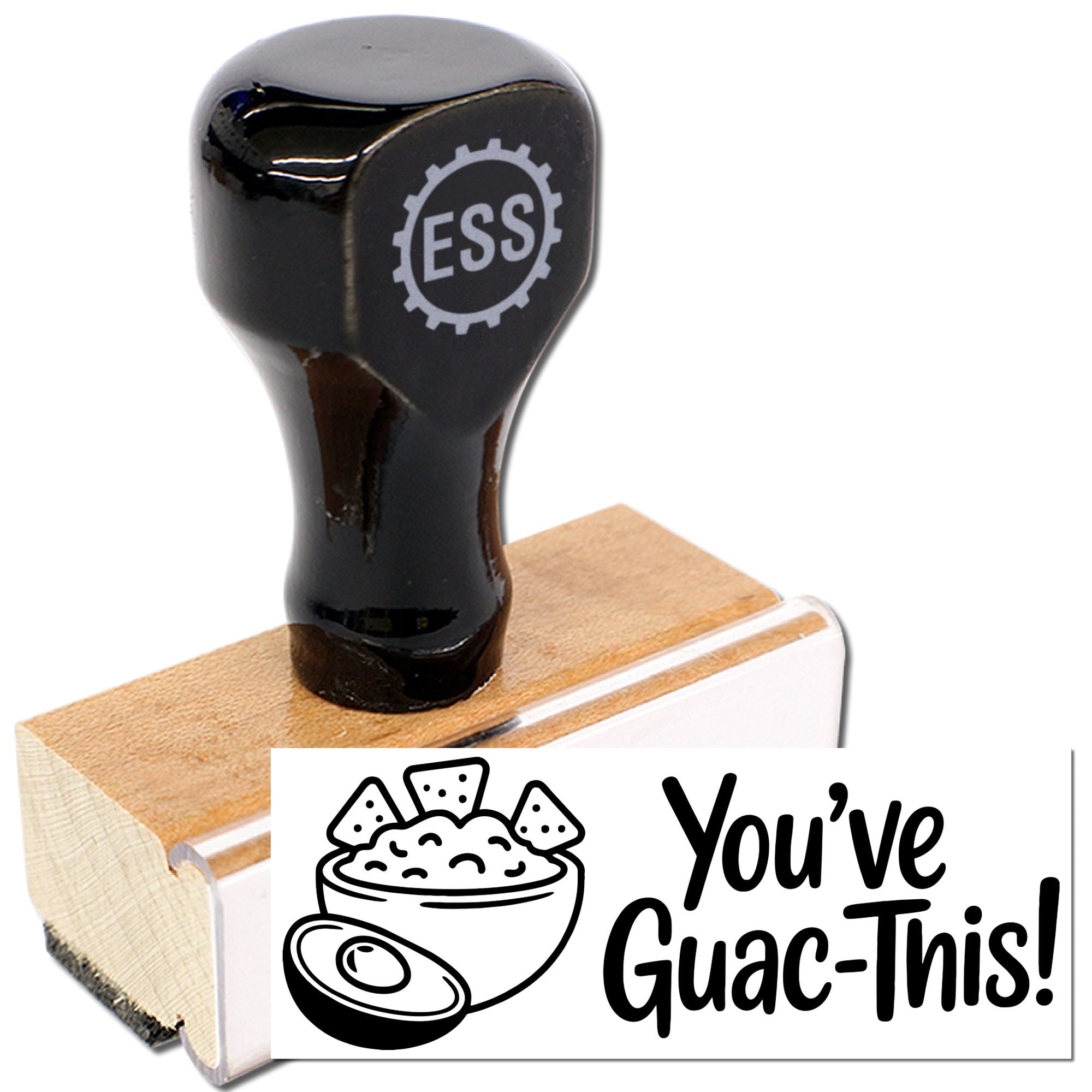 Black custom stamp and seal on wooden handle with ESS logo and Youve Guac-This! avocado design on white background