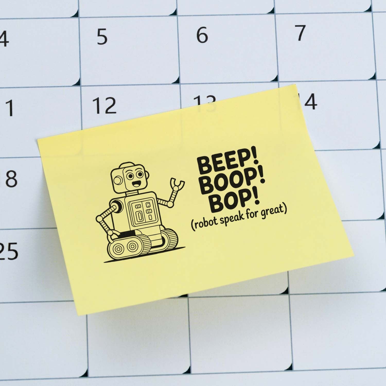 Yellow robot-themed stamp seal with black BEEP! BOOP! BOP! text on a calendar grid background.