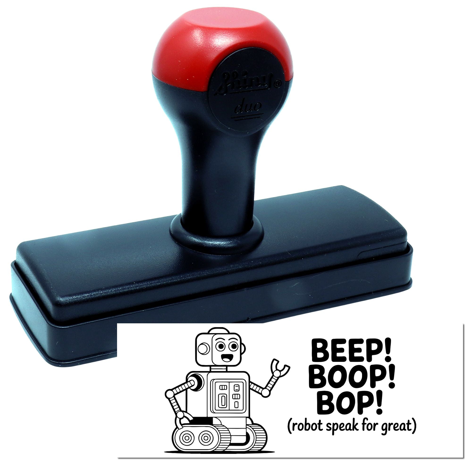 Red and black self-inking stamp and seal with robot graphic and bold BEEP! BOOP! BOP! text