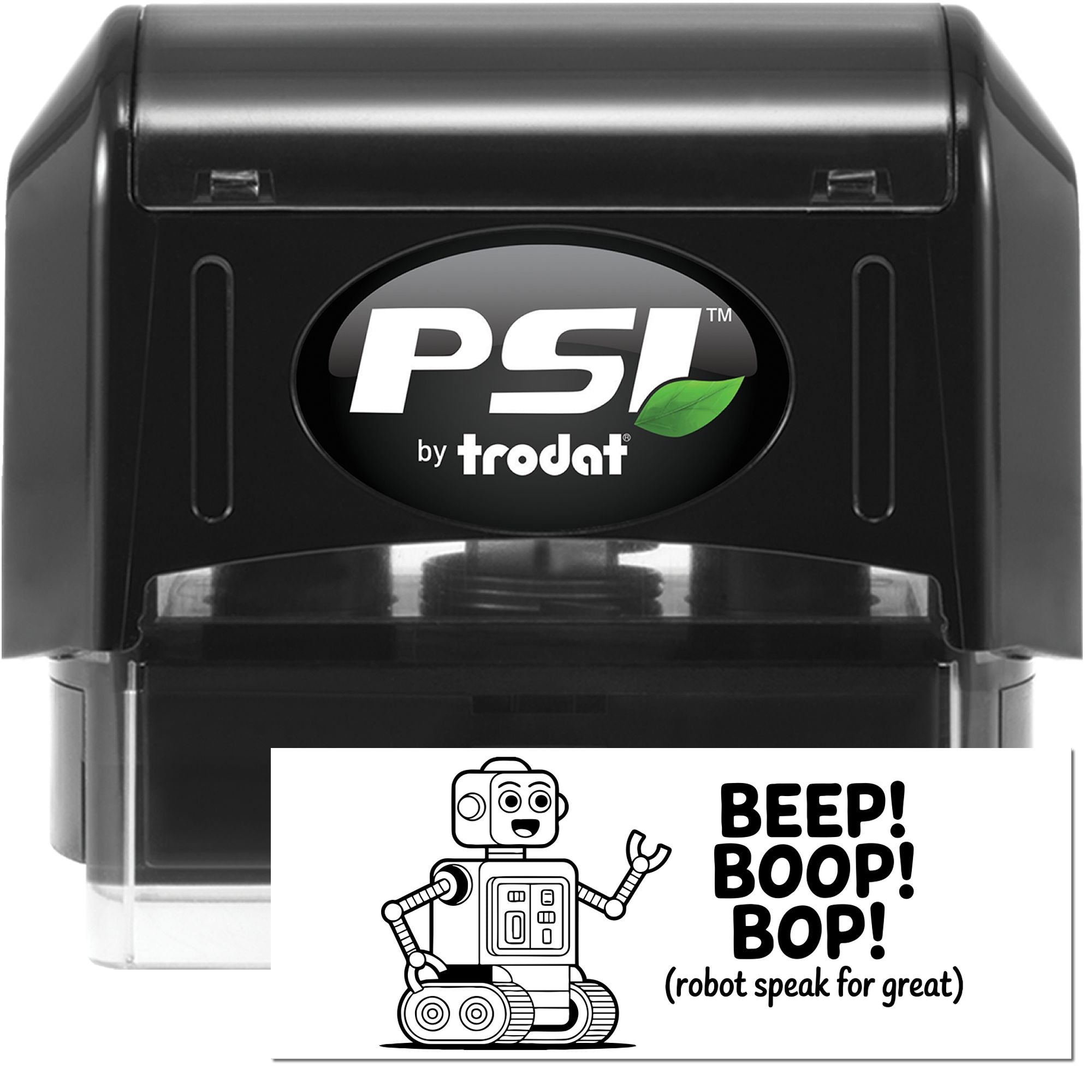 Black PSI by Trodat self-inking stamp and seal, with robot graphic and BEEP! BOOP! BOP! text on white card