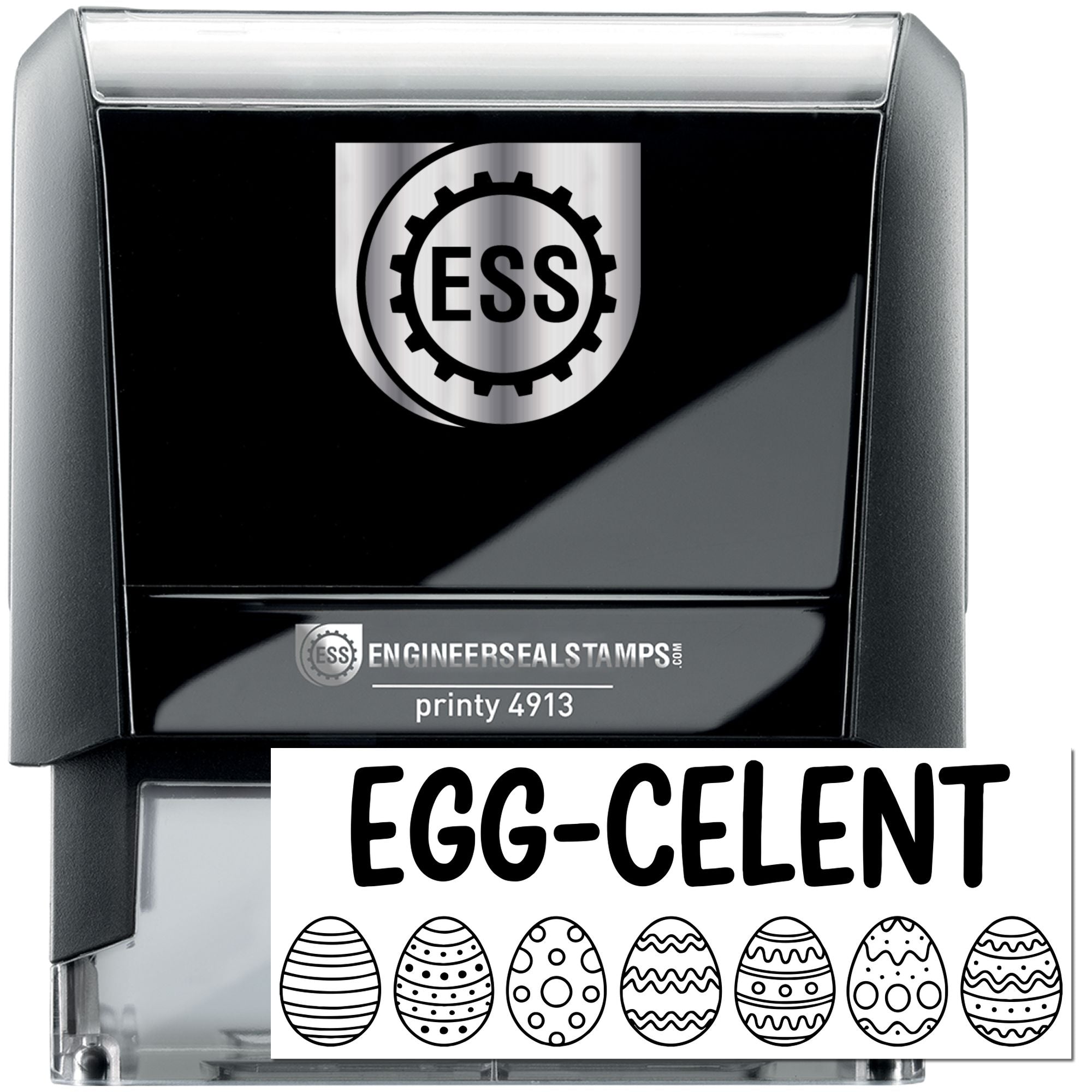 Black and silver self-inking stamp and seal set with ESS logo, Printy 4913, and Egg-Celent Easter egg design.