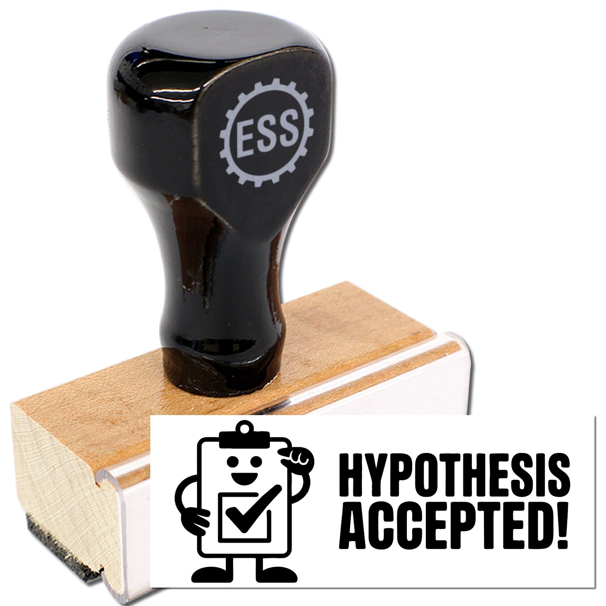 Black ESS self-inking stamp with wooden handle and white Hypothesis Accepted seal