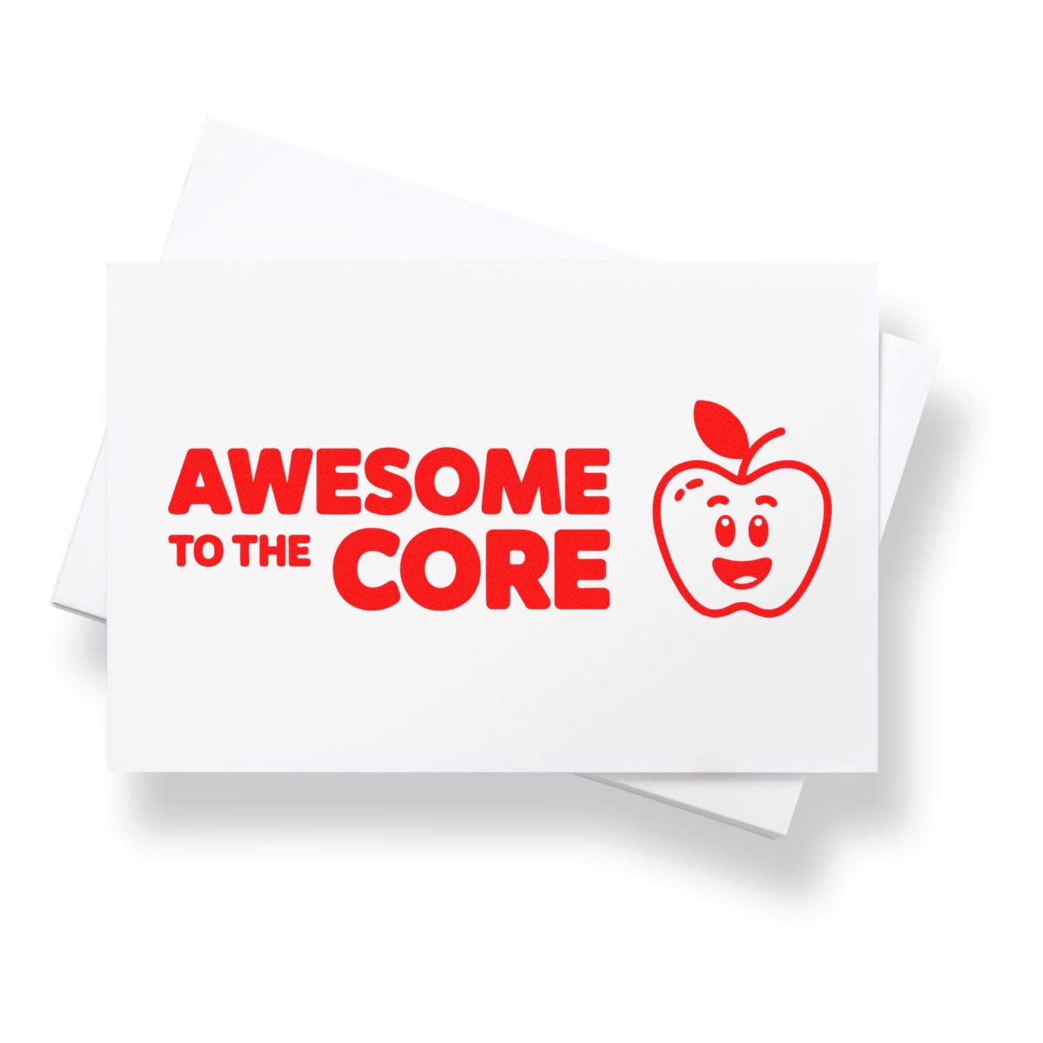 Red stamp and seal design reading Awesome to the Core with a smiling apple icon on white cards.