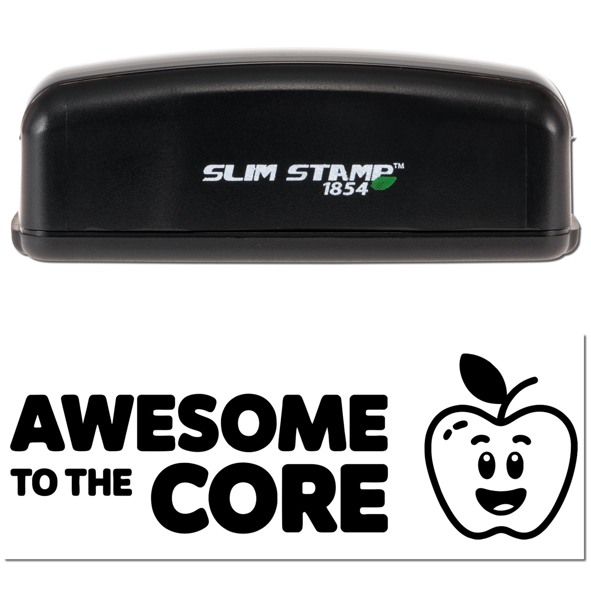 Black Slim Stamp 1854 stamp and seal featuring AWESOME TO THE CORE text and a smiling apple logo on white background.