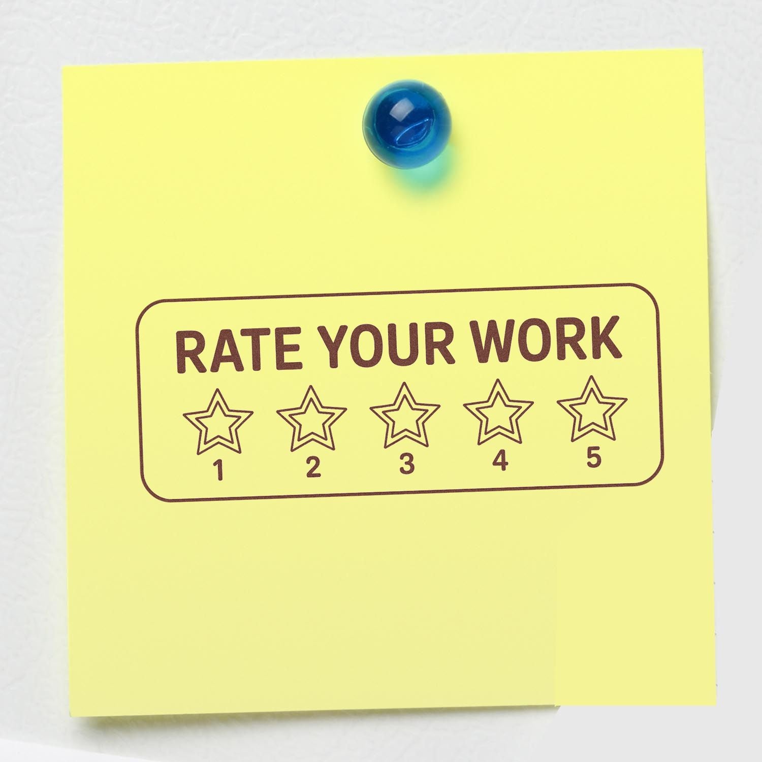Yellow sticky note with blue pin seal and brown Rate Your Work stamp, five-star rating grid, and numbered stars.