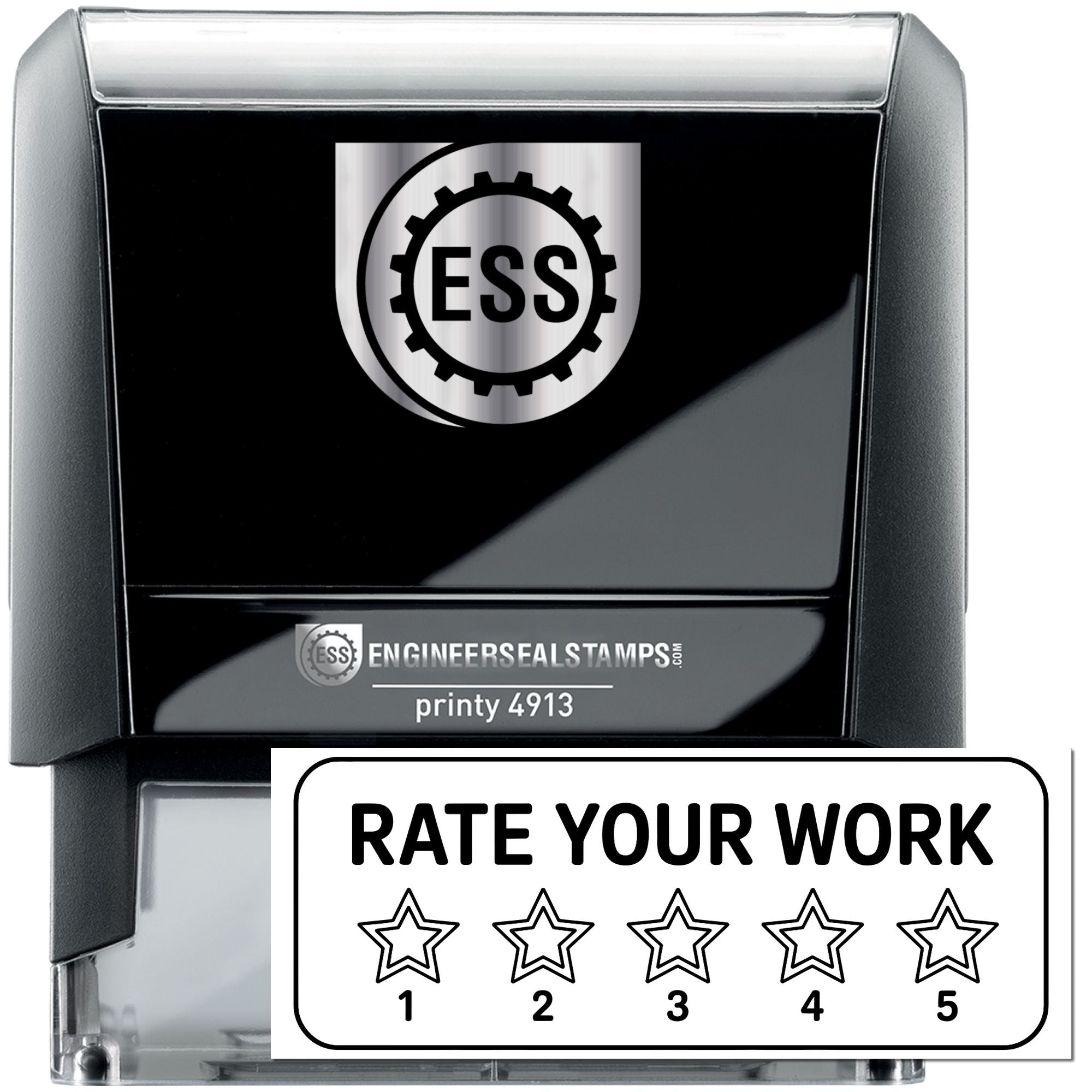 Black and silver Engineer Seal Stamps Printy 4913 stamp and seal, with ESS logo and 1-5 star Rate Your Work label.