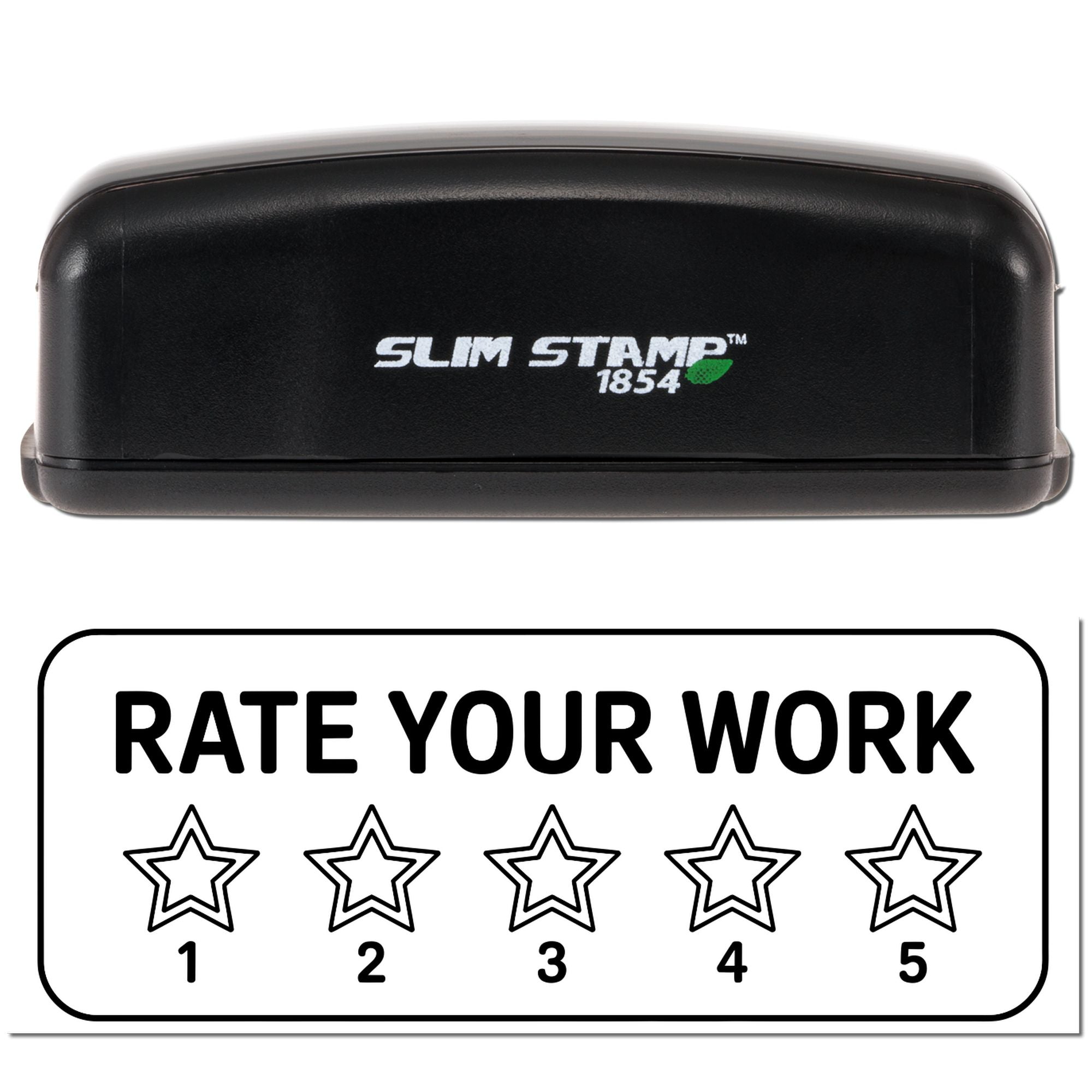 Black Slim Stamp 1854 stamp and white rating seal with Rate Your Work, five outlined stars, and numbers 15.