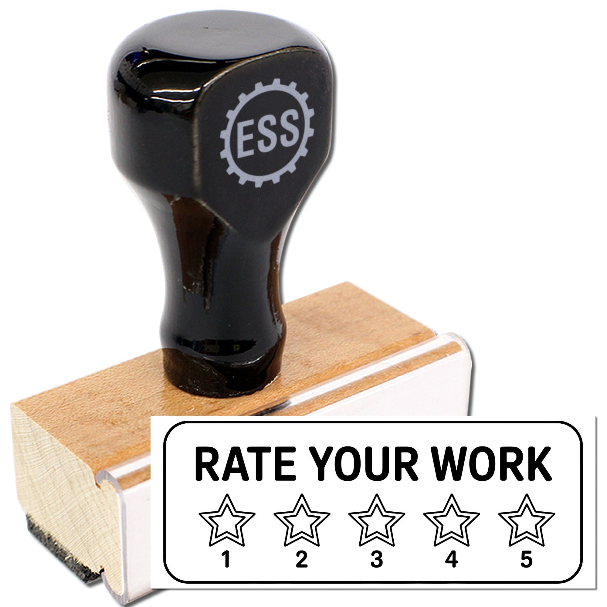 Black ESS stamp on wooden base with Rate Your Work 15 star seal, black and white design